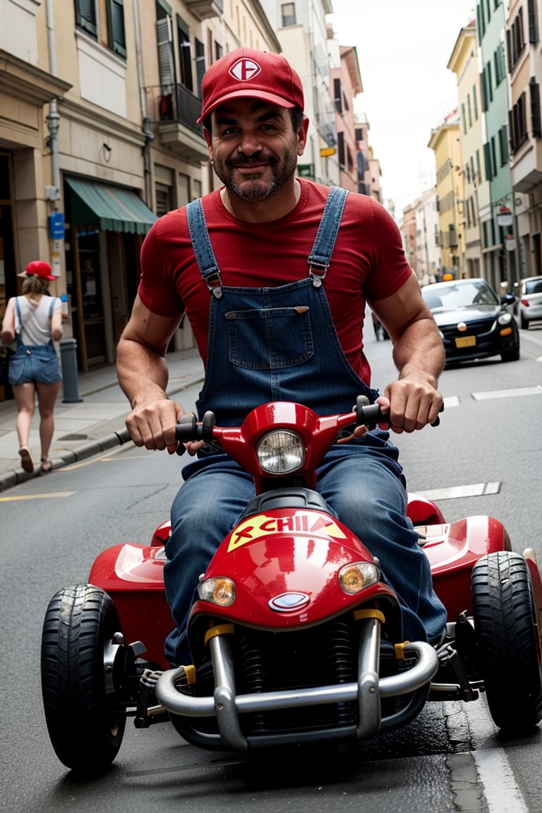 an Italian plumber man is driving a gokart on a city street, blue overalls, suspenders, red shirt, red hat, happy, big eyes,
