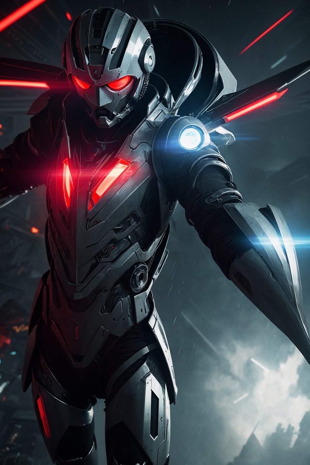 A mech, silver-white long ponytail and waist, V-shaped mechanical helmet, helmet eyes with red light, wearing a black sexy mech suit, red torn cloak swaying in the wind, white glowing six-winged mechanical wings, a broad sword glowing yellow with red light effect, Night, Rain, A destroyed cyberspace in the book of Apocalypse, lifelike, best image quality, highest definition and clarity, original, surrealism, high detail, futurism, action painting, chiaroscuro, ray tracing, motion blur, Cowboy shot, close-up, combat action drawing, layering, holographic display, cyberpunk style
