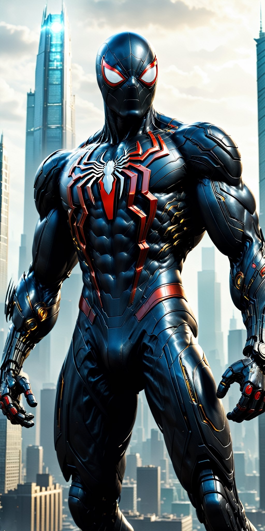 a hyper-realistic and highly detailed image of a Hi-Tech (black spider-man style) Jaeger in the style of the Pacific Rim movie franchise. This awe-inspiring Jaeger should have a radiant Hi-Tech appearance, with less emphasis on Hi-Tech tools and weapons, allowing its rough body structure to shine through. The Jaeger's glowing lights should emanate a mesmerizing aura.

Place this magnificent Hi-Tech Jaeger against a perfect city backdrop, capturing the essence of a colossal technological guardian standing tall against the urban skyline. The result should be a breathtaking image that immerses viewers in the world of giant robots and epic battles.",Movie Still