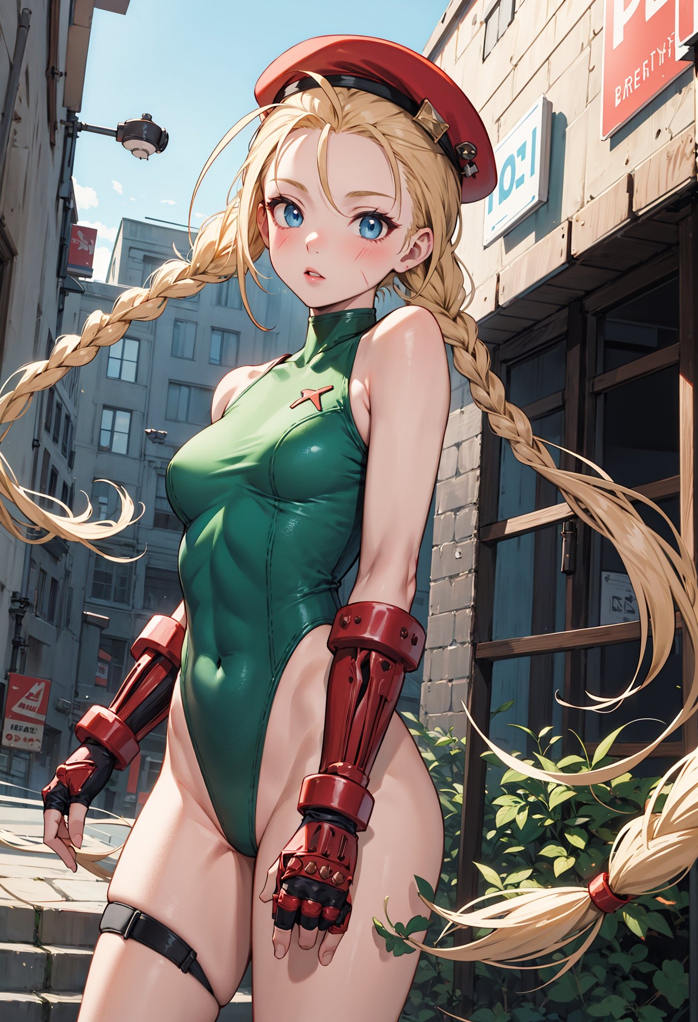 masterpiece, best quality, highres, 1girl, cammy white, twin braids, long hair, blonde hair, antenna hair, beret, (red headwear:1.3), blue eyes, scar on cheek, green leotard, medium breasts, sleeveless, red gloves, fingerless gloves, camouflage, lora:cammy_white_v1:0.7,  cowboy shot, standing, outdoors, arms at sides, straight-on,
