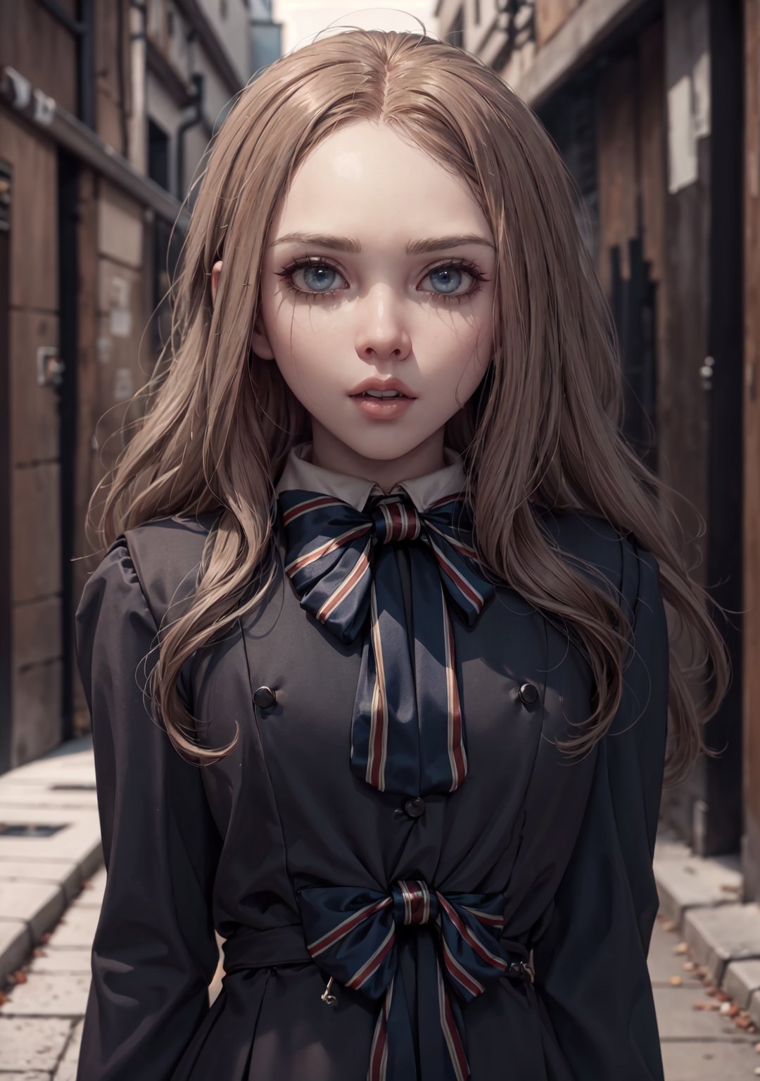 ,(looking at viewer),(cowboy shot dynamic pose:1.22),M3GEN/(Robot Girl/), 1girl, solo, long hair, blonde hair, realistic, blurry, blue eyes, bow, photo inset, full body, bowtie, parted lips, ribbon, lips,detailed shiny skin,perfect and very white teeth,finely detailed beautiful eyes,Ultra-fine facial detail,eyelashes,Glossy pink lips,(detailed The dark and terrifying alleys background:1.4),in the room, (day:1.33),depth of field,intricate,elegant,highly detailed,digital photography,masterpiece, black clothes