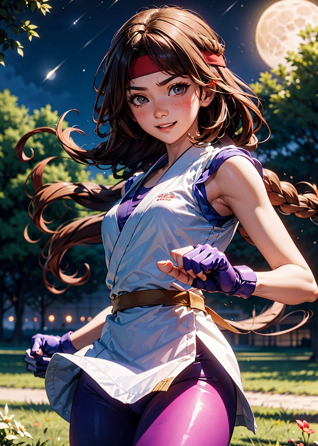 YuriSaka, red headband, white dougi, golden belt, leggings, fingerless gloves, looking at viewer, serious, happy, blush, 
fighting pose, outside, park, field, trees, night, moon, extreme detail, hdr, beautiful quality,  
,yurims