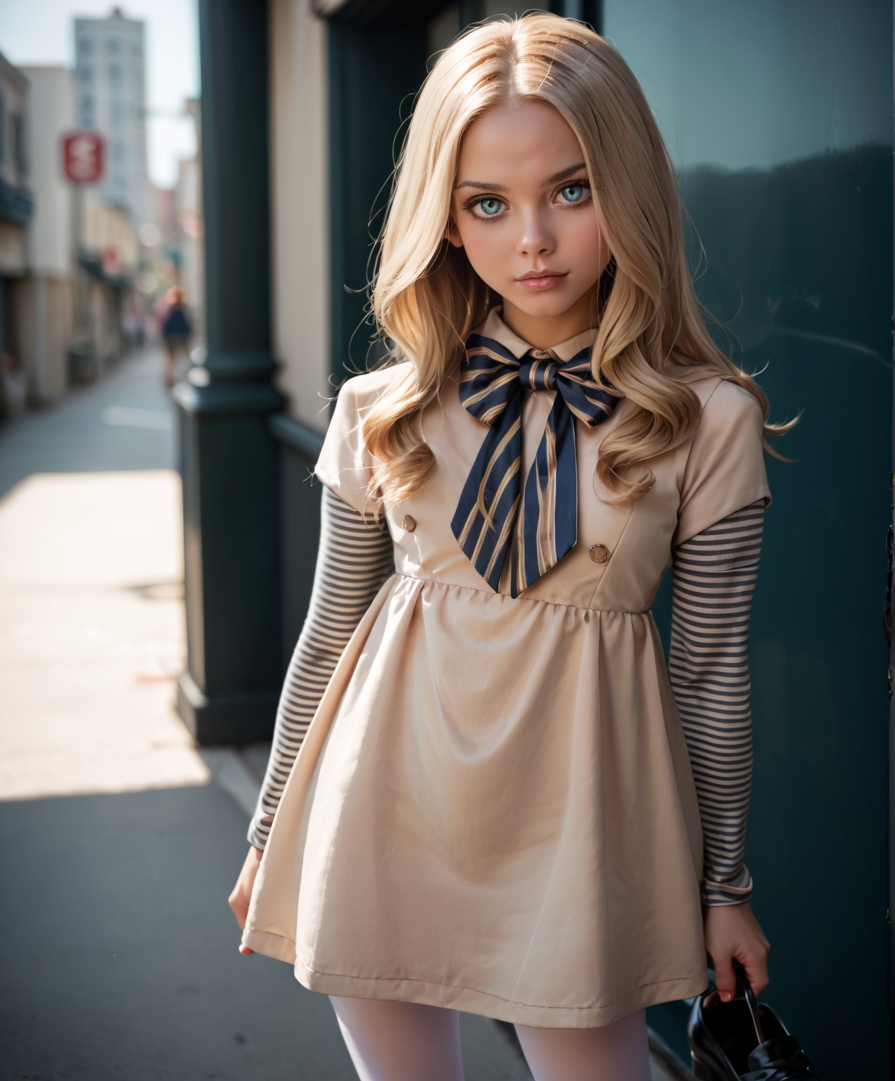 score_9, score_8_up, score_7_up,score_6_up, score_5_up, score_4_up,M3GAN, 1girl, long hair, blue eyes, blonde hair, parted bangs, split bangs, white pantyhose, beige dress, long sleeves, striped sleeves, bow, black shoes, in the detailed city streets, 