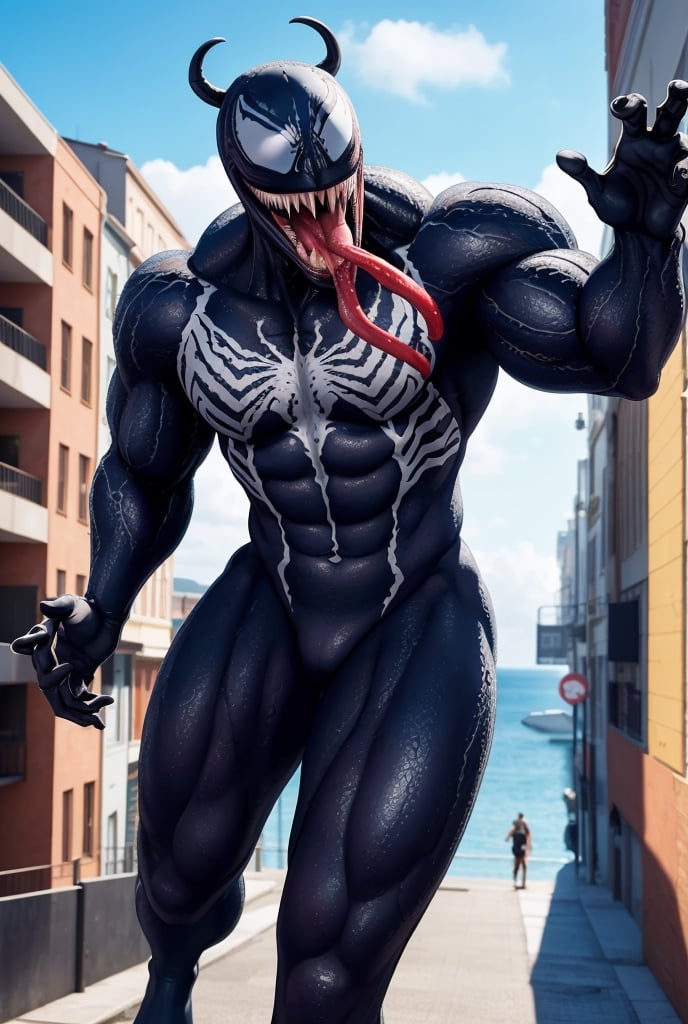 venom con la boca abierta y la lengua para afuera, la ciudad de fondo
fullbody photorealistic, realistic, beautiful, masterpiece, masterpiece, highres, photorealistic, best quality, perfect lighting, 8k,  realistic, photo-realistic, ultra-detailed, fullbody lora:Venom_v1.0-000001:1
