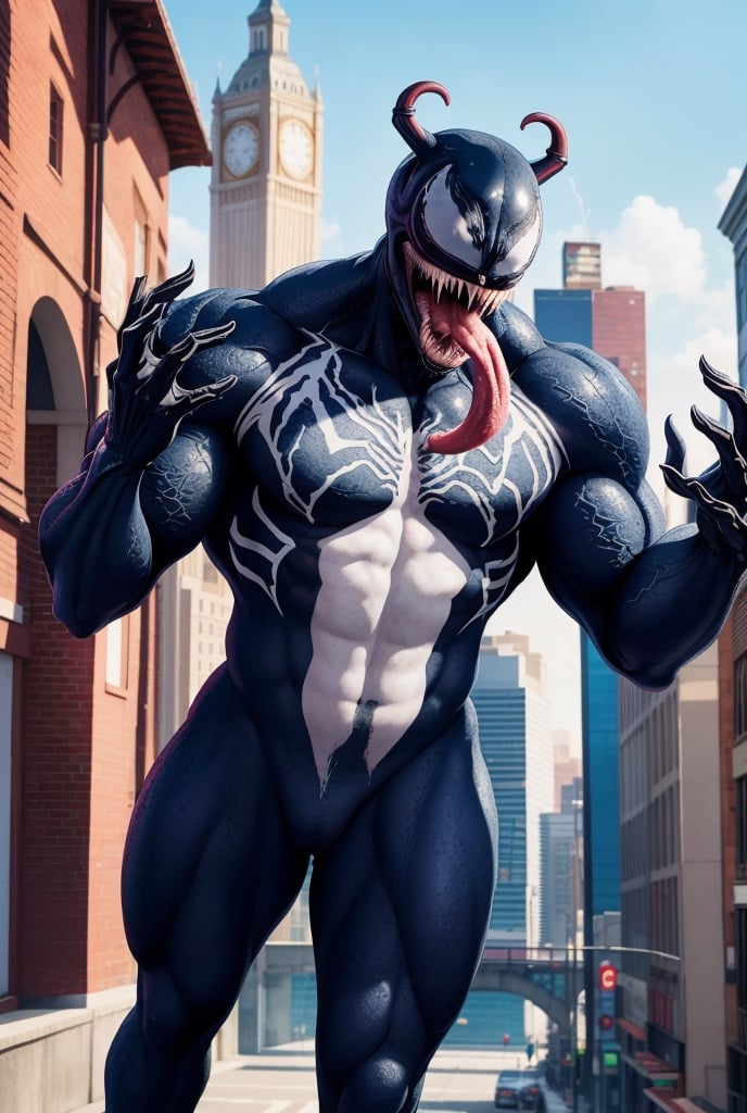 venom con la boca abierta y la lengua para afuera, la ciudad de fondo
fullbody photorealistic, realistic, beautiful, masterpiece, masterpiece, highres, photorealistic, best quality, perfect lighting, 8k,  realistic, photo-realistic, ultra-detailed, fullbody lora:Venom_v1.0-000001:1
