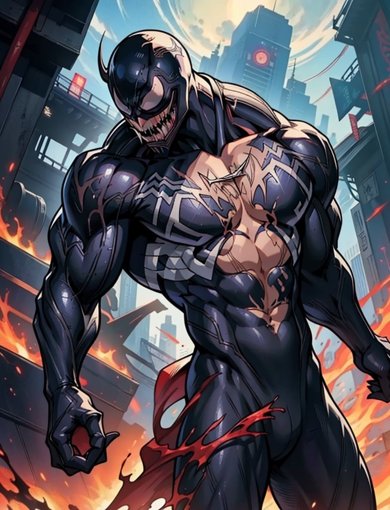 《the original god》Arataki Kazuto , male people, chest muscle, Sexy , Venom symbiote for your body, Black mucus of the body , into venom_male, venomize,Black bodysuit,（Cloak）,Red cape,Abs,（Adult male）（（Venom possession,venom symbiote））,over-Tortoise Man,Battle damage,((Masterpiece)), ((Best quality)), Ultra detailed,((illustration)), Dynamic Angle, Detailed light, (Delicate eyes), Floating, 1boy, Male focus, Head, Clothing, Yellow eyes, necklace, tattoo, (Forehead:0.8), (ahoge:0.8), jewelry, brunette color hair,apathy,Ray, chest muscle, Sexy , Venom symbiote for your body, Black mucus of the body , （into venom）, Venom,frontage,Bust photo,White tight-fitting top,spiderman outfit,style of anime4 K, 4K anime wallpaper, Badass anime 8 K, 4 k comic wallpaper, young anime man, Anime boys, Anime wallpapers 4 k, Anime wallpaper 4K, High quality anime art style, Anime moe art style, Anime art wallpaper 8 K, Anime art wallpaper 4 K, RGB lighting,,venom,venom female