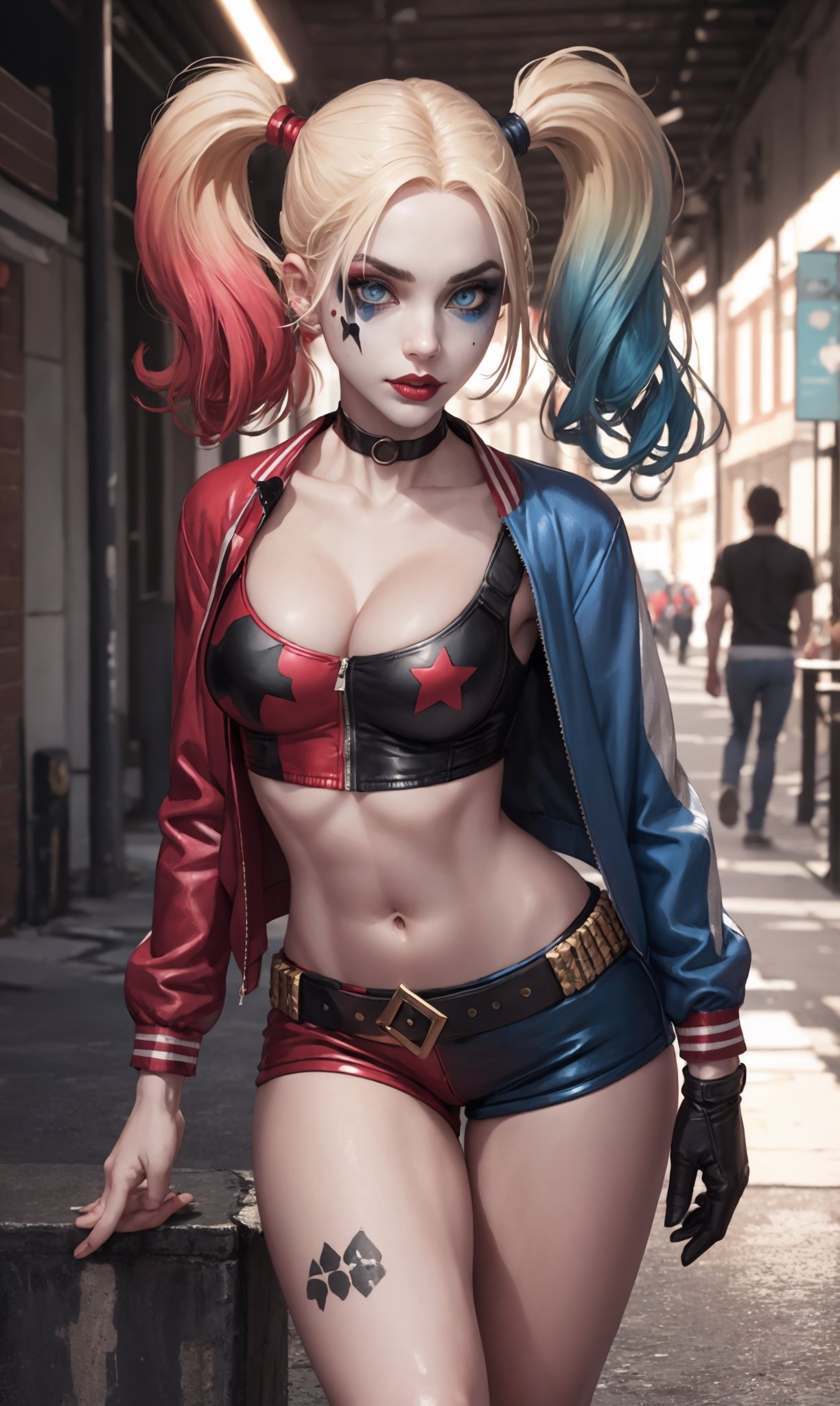 masterpiece, best quality, 1girl, solo, highres,   lora:pikkyharleyquinn-10:0.8,  scenery,
pikkyharleyquinn, two-tone hair,multicolored hair,blonde hair,breasts,makeup,twintails,blue eyes,lipstick,gloves,shorts,cleavage,navel,midriff,gradient hair,short shorts,choker,hair,eyeshadow,colored skin,pale skin,multicolored clothes,jacket,belt,crop top,open jacket,star (symbol),open clothes,lips,
,pikkyharleyquinn