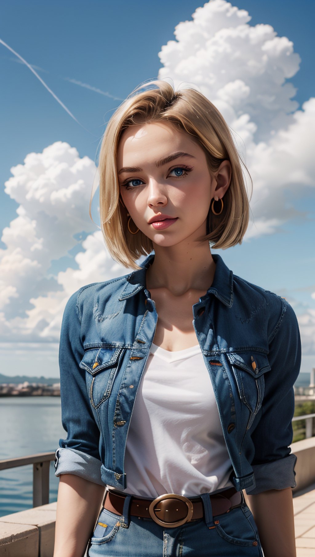 (masterpiece, best quality), android18, earrings, denim, belt, lora:android_18:1, outdoor, day, cloud, cloud day, sky, blue sky,