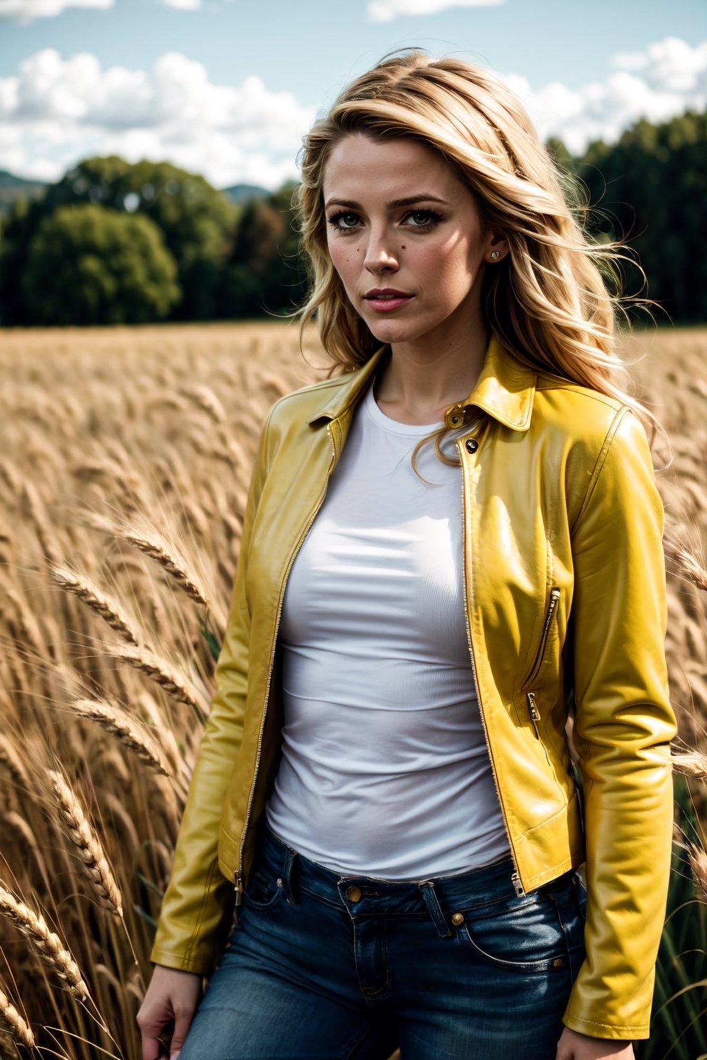 raw photo, fashion photography of cute (Belén Rodríguez), long, blonde hair, wearing leather jacket and ripped jeans, wheat field, picturesque, rural background, upper body shot,sharp, colorful, ultra realistic, cinematic, blue and yellow:0.85)