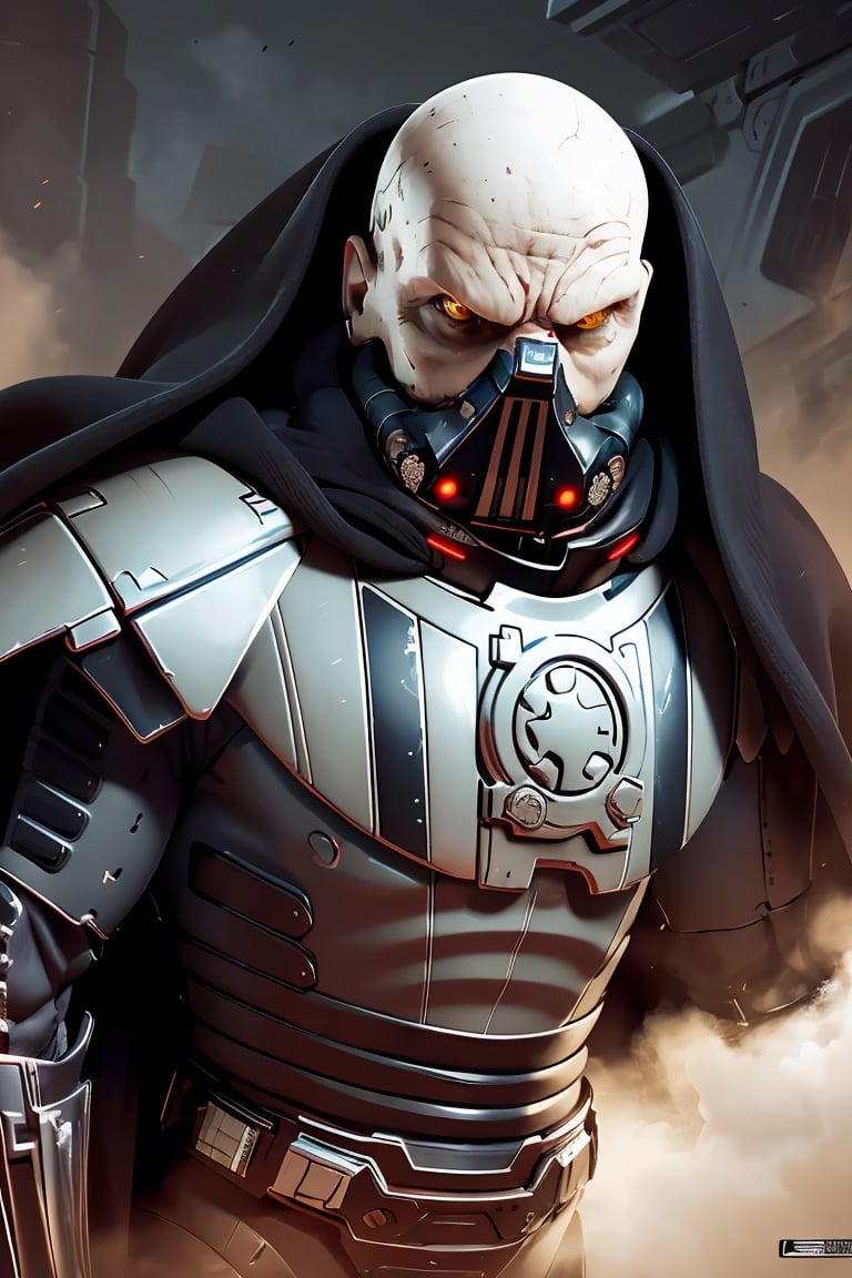 (best quality, masterpiece, beautiful and aesthetic:1.2, colorful, dynamic angle) 1boy, darth malgus, angry, yellow eyes, respirator mask, carbon fibre armor, cape, upper body, (high contrast, official art, extreme detailed, highest detailed) ,  ,darth malgus