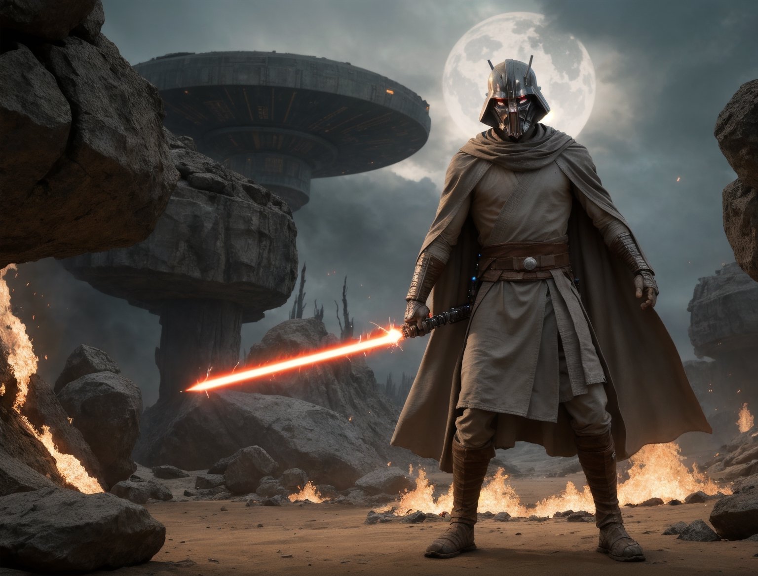 Epic scene of a grey Jedi in a battle-ready pose, face obscured or in shadow, wielding an orange lightsaber. The setting is a sci-fi battleground, with dramatic movie lighting to enhance the intensity. The Jedi's cloak is tattered, symbolizing their struggle between the light and dark sides of the Force. The background shows remnants of a fierce battle: scorched earth, alien vegetation, fragments of a Sith mask, a Jedi robe, and a small smoldering crater indicating a recent force explosion. The image encapsulates the ethos of the Grey Jedi - balance between good and evil, passion and peace, chaos and order. The scene should be visually stunning and mind-blowing, capturing the essence of the Grey Jedi's teachings.
