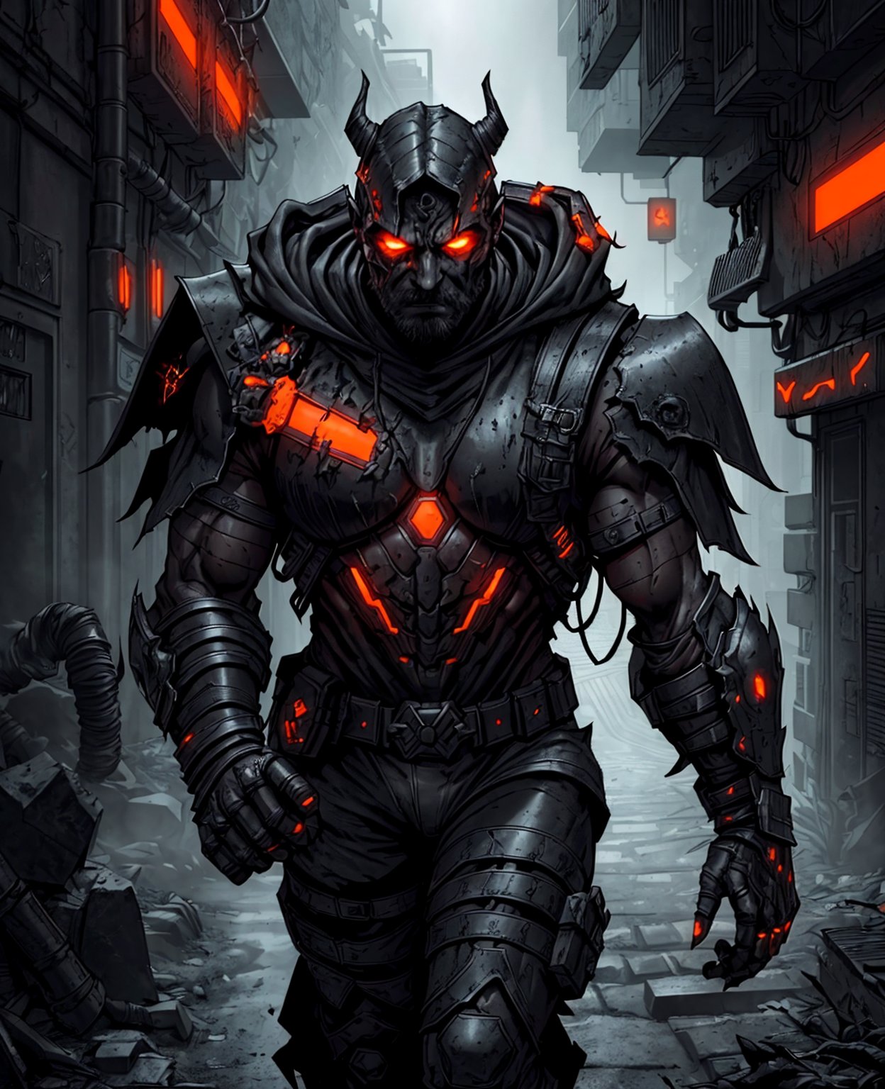 dark rugged realm, phantom warrior emerges from the shadows, clad in tattered black cyberpunk armor, etched with fiery orange circuitry, like a dark mechanical specter, The figure's face is shrouded in an impenetrable black hood, with only two blazing orange optics piercing the darkness, like hot coals from a malevolent forge, The armor is shifting and writhe like living darkness, with orange neon-like energy bleeding from the cracks, , , , 
