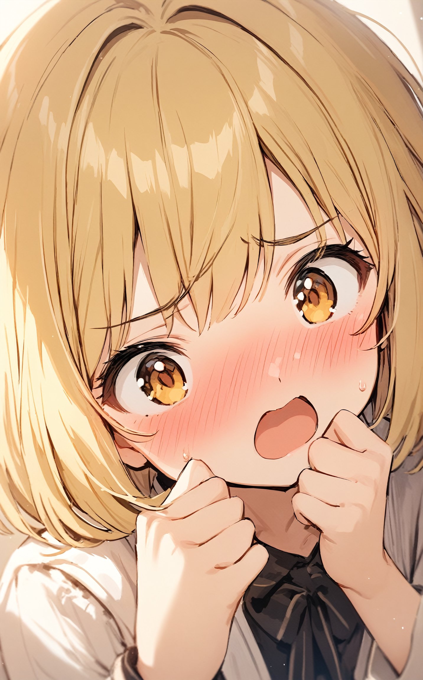 masterpiece, best quality, 1 girl, cute, golden blonde hair, medium length, bob cut, surprised, blush, open mouth, embarrassed,  flustered, cute, tsundere, closeup
