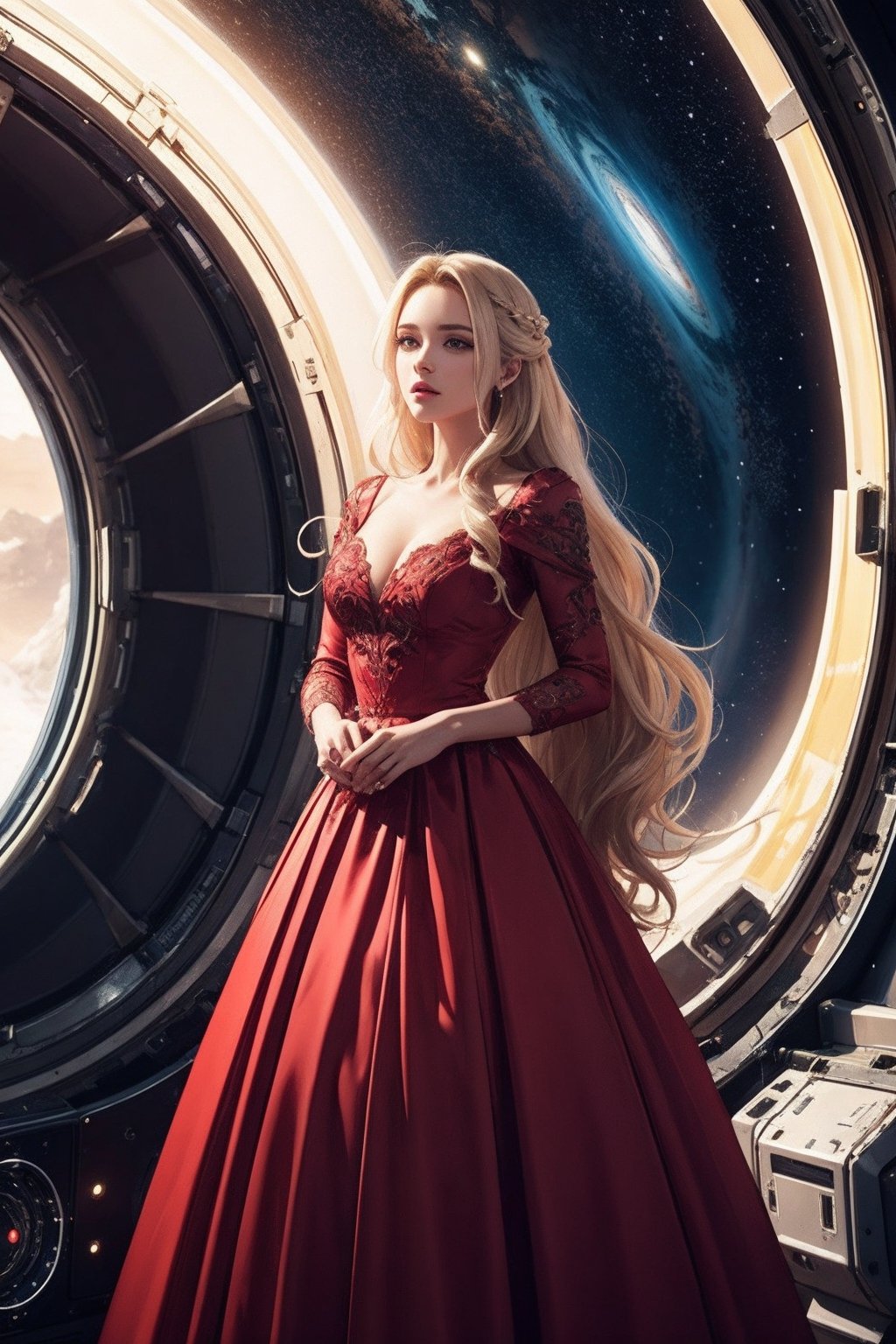 (masterpiece, high quality, best quality:1.3),
pupp1w11, long hair, blonde hair, perfect hair, nice body, ballgown,edgSciFi, wearing edgSciFi space suit, (in space)
extremely detailed, extremely intricate, fine texture, Extremely high-resolution details, detailed hair, sharp focus, (Epic scenery:1.05), (beautiful scenery:1.05), (detailed scenery:1.05), (intricate scenery:1.05), (wonderful scenery:1.05), vibrant colors,
, 
,red_(ballgown