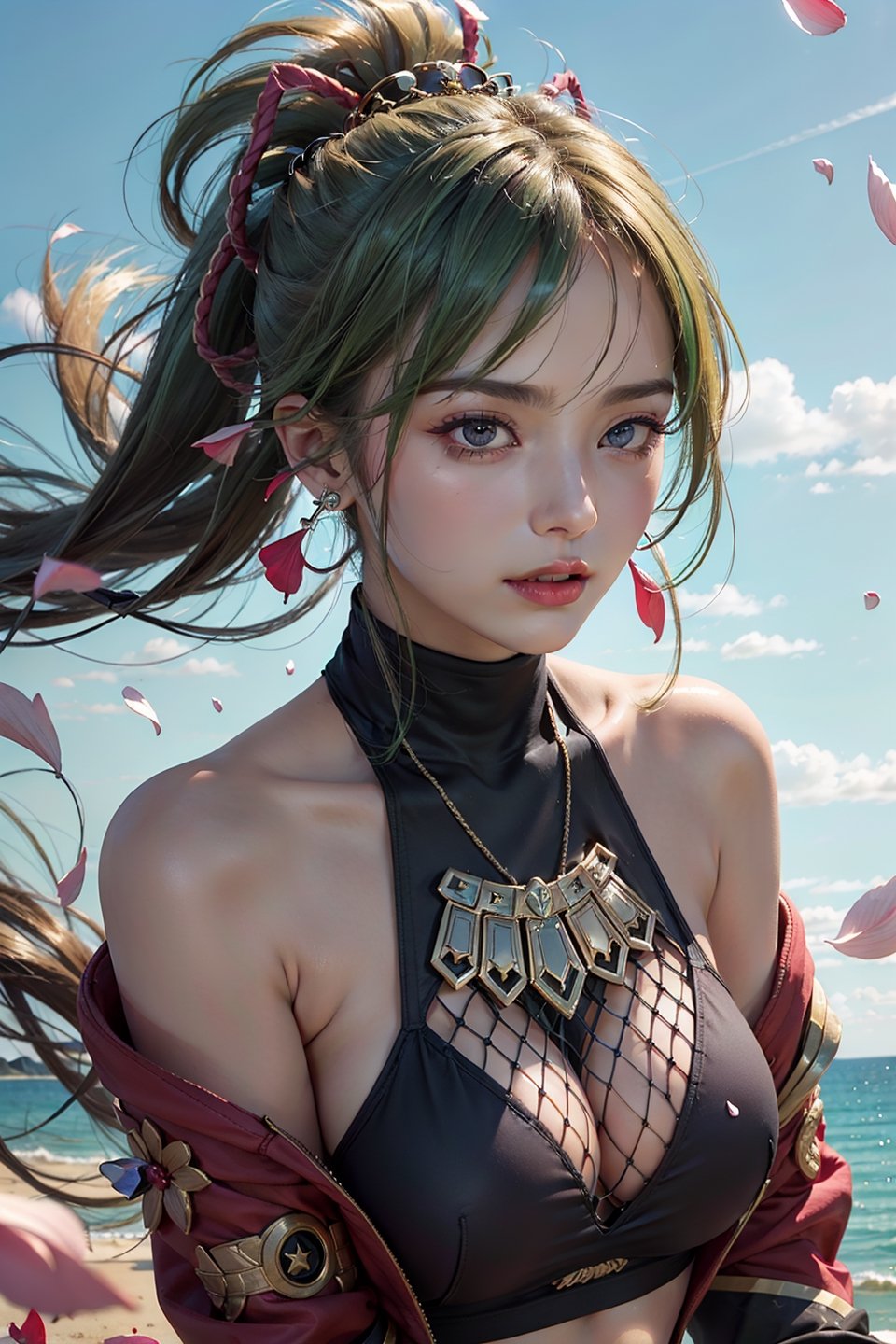 (masterpiece,best quality,ultra high res:1.1),(photo-realistic:1.2),
-
1girl,(beautiful face,exquisite face,ulzzang6500V:1.2),(wet skin:1),
solo,long hair,(floating hair,wind hair,gale,skin texture:1.2),nsfw,
-
(full body,from above:0.8),(armlet,jewelry,necklace,filigree,earrings),
(open clothes,chest cutout,plunging neckline,low neckline:1.1),
-
(horizon:1.2),(longView,huge falling petals:1.5),(simple sky:1.6),
-
lora:shinobukukiV1:1,(shinobu kuki,green hair,ponytail,turtleneck,bare shoulders,gloves,jacket,coat,fishnet shirt,hair ornament,armor,midriff,shorts:1.3)
