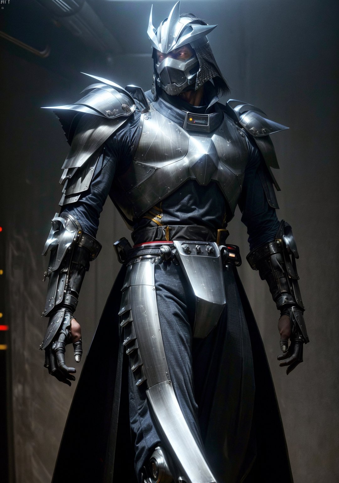 (cinematic:1.3), ((in a futuristic research facility, computers, futuristic machines, futuristic lights, bokeh, realistic lighting, ray tracing, bloom:1.4)), ((masterpiece, best quality, highres, absurdres)), a high resolution RAW photo of ((a TMNTShredder 1man armored samurai knight with claw gauntlets)), , ((wearing futuristic mecha armor with pauldrons and metal samurai helmet with mask)), ((muscular, fitness physique)), atmospheric, ((photorealism, photorealistic:1.4)), 8k, highly detailed, intricate detail
