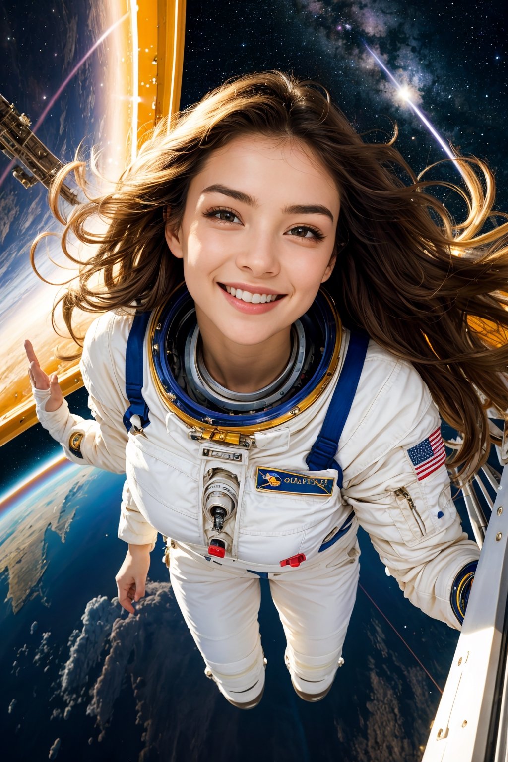 beautiful astronaut girl with large breasts, (full body photo:1,7), dressed in spacesuit, attractive forms, slim and athletic figure, very long iridiscent hair, 
floating in weightlessness, fluffy hair floats in weightlessness and shimmers in the sun's rays, sun rays through the hair, looking at the viewer,
happy, smiling enticingly, cute smile, very detailed face (best quality), 
in spaceship (intricate details, hyperdetailed:1.2), starry sky, space  background,
(best quality, masterpiece, perfect face, beautiful and aesthetic:1.2), colorful, dynamic angle, highest detailed face, high detailed skin, detailed eyes, 
Professional photo, eye-catching, (best lighting), (high contrast, space art, extreme detailed, highest detailed), HDR+, soft lighting, best quality,
