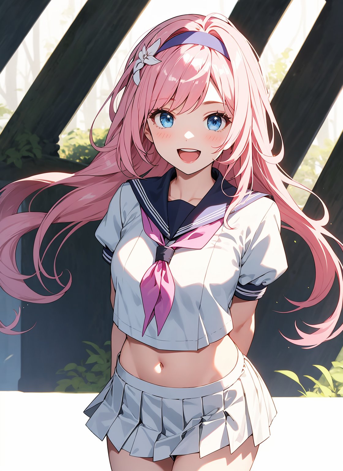 1girl,smile,honkai impact 3rd,hoyun,white serafuku,white shirt,stomach,elysia (honkai impact),skirt,white skirt,detailed forest background,purple neckerchief,arms behind back,highres,midriff,1girl, d,cowboy shot,looking at viewer,honkai (series),solo,white hairband,neckerchief,puffy sleeves,shirt,white background,miniskirt,short sleeves,crop top,puffy short sleeves,pleated skirt,navel,commentary request,long hair,very long hair,hairband,school uniform,serafuku,standing,open mouth,blue eyes,pink hair,