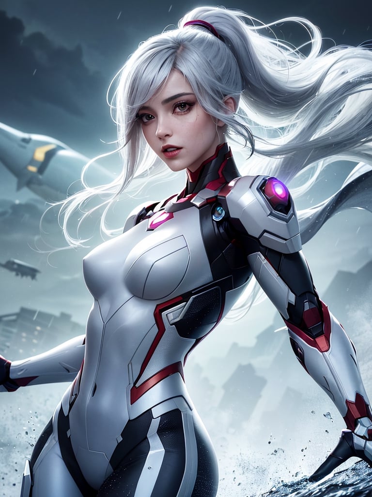 absurdres, best quality, 1girl, solo, eye focus, looking at viewer,   , samus aran, ponytail, hair tie, white gloves, white bodysuit, futuristic knight, (silver, long hair), mecha girl, mechanical parts, under the water, Expressive Hues, Vibrant Palette, Black and white clothes, ironman suit  , , fishnets, floating hair,  , striking  , succubus, ethereal background, (dramatic angle, dynamic pose),     , storm, lightning, wet hair,  , rain, wet body, wind, , cyborg shark
