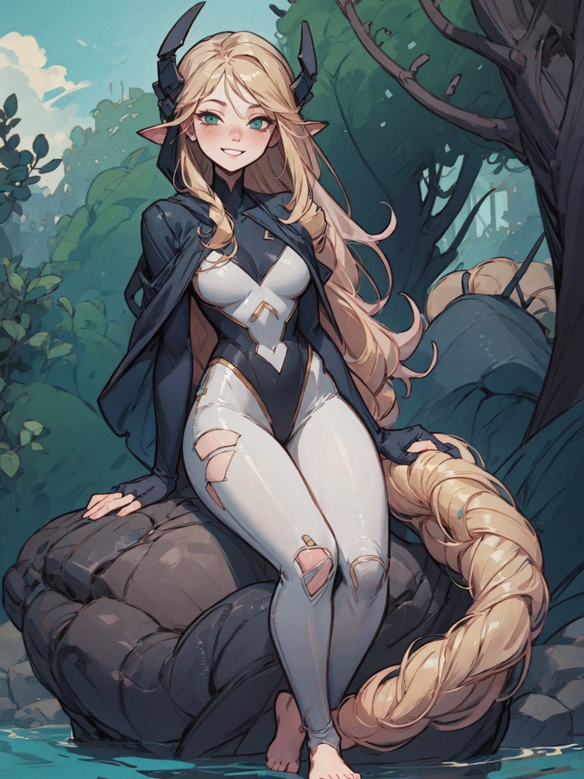 rapunzel, green eyes, long blonde hair,
blue leotard, white pants, sweatpants, bandaid on face, blue fingerless gloves, barefoot, looking at viewer, smiling, teeth, sitting, on rock, outside, forest, river, blue sky, high quality, masterpiece, lora:maylene_outfit-06:.8,  lora:rapunzel:.7
