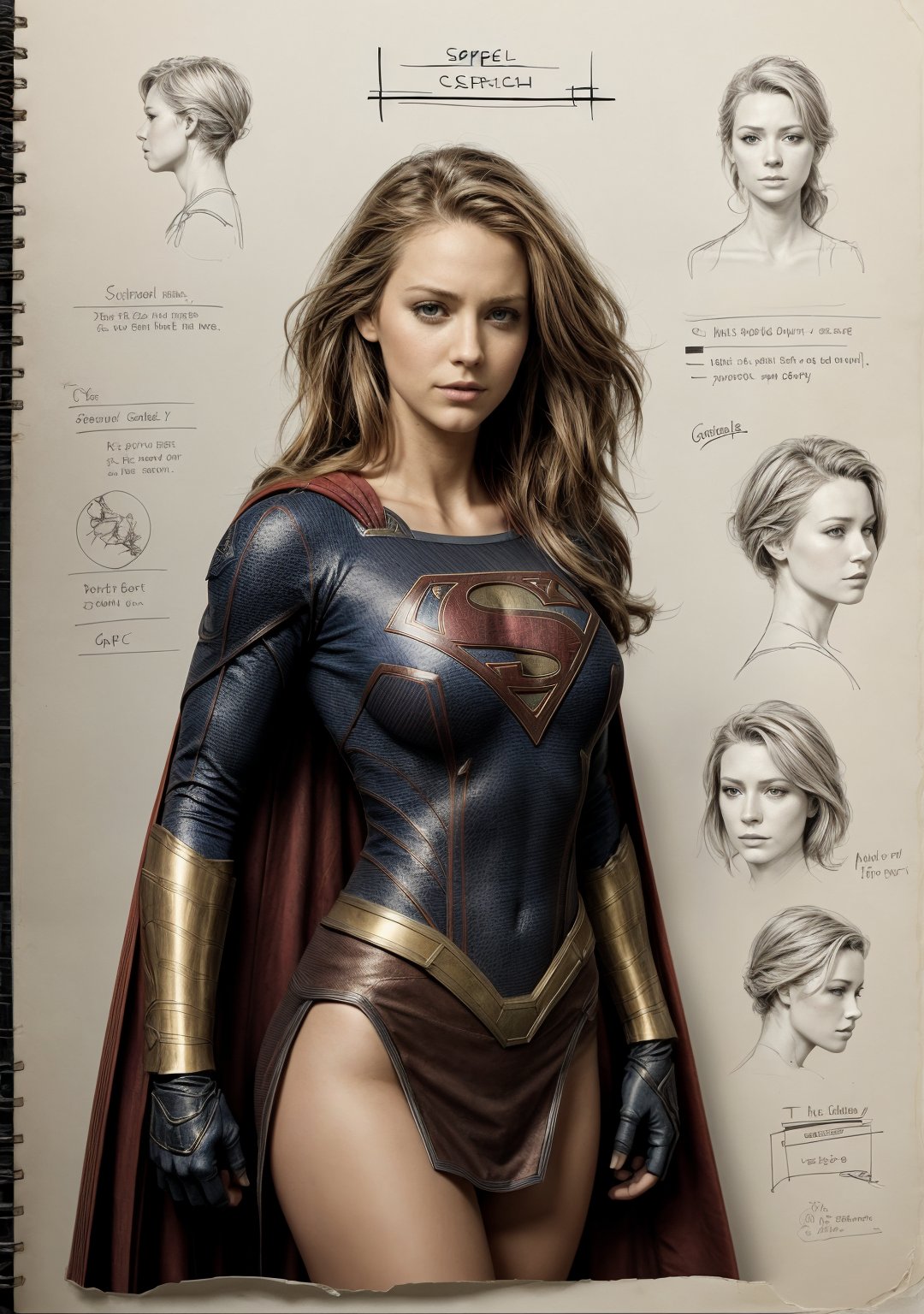 The concept character sheet Sketchbook Style, sexy Supergirl, Sketch book, hand drawn, gritty, realistic sketch, Rough sketch, mix of bold dark lines and loose lines, bold lines, on paper, turn around character sheet,  Full body, arcane symbols, runes, dark theme, Perfect composition golden ratio, masterpiece, best quality, 4k, sharp focus. Better hand, perfect anatomy