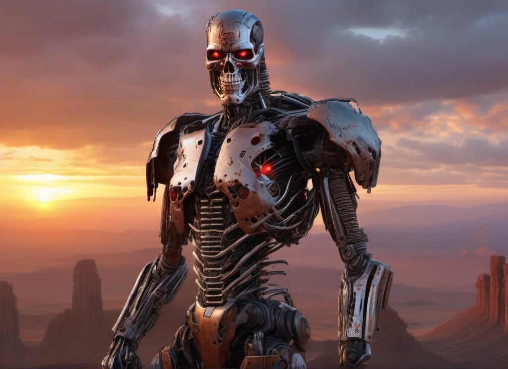 breathtaking, cinematic action film still, close-up shot of a rusty post apocalyptic Terminator cyborg, at Dawn, Detailed illustration, Light caustics, Flickr, art by Thomas Cole, (art by Ethan Van Sciver:0.9) , vignette, highly detailed, cinemascope, moody, epic, gorgeous, lora:cyborg_style_xl-alpha:0.7
