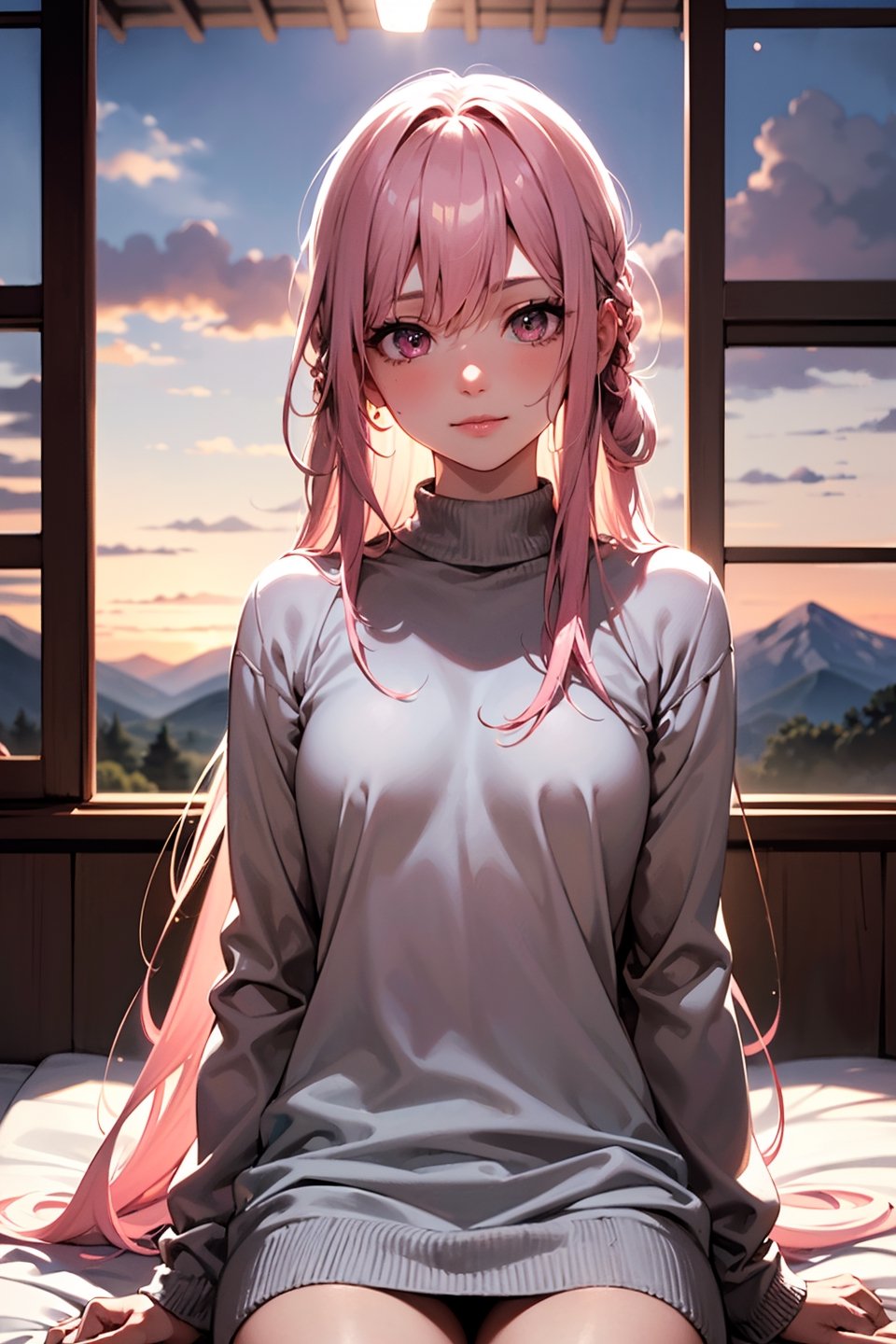 (masterpiece, best quality, unity 8k wallpaper, highres), ambient light, (super_beautiful_detailed hair face eyes mouth skin, slender:1.4), (perfect hands, perfect anatomy), BREAK
 1girl, solo, (pink long hair:1.3), vely-long-sagging small-breasts, horizon, sweater, cloud, cloudy sky, evening, mountain, mountainous horizon, sky, sunset, window, in bedroom, on bed, (cowboy shot:1.3), light smile, looking at viewer, blink, sitting