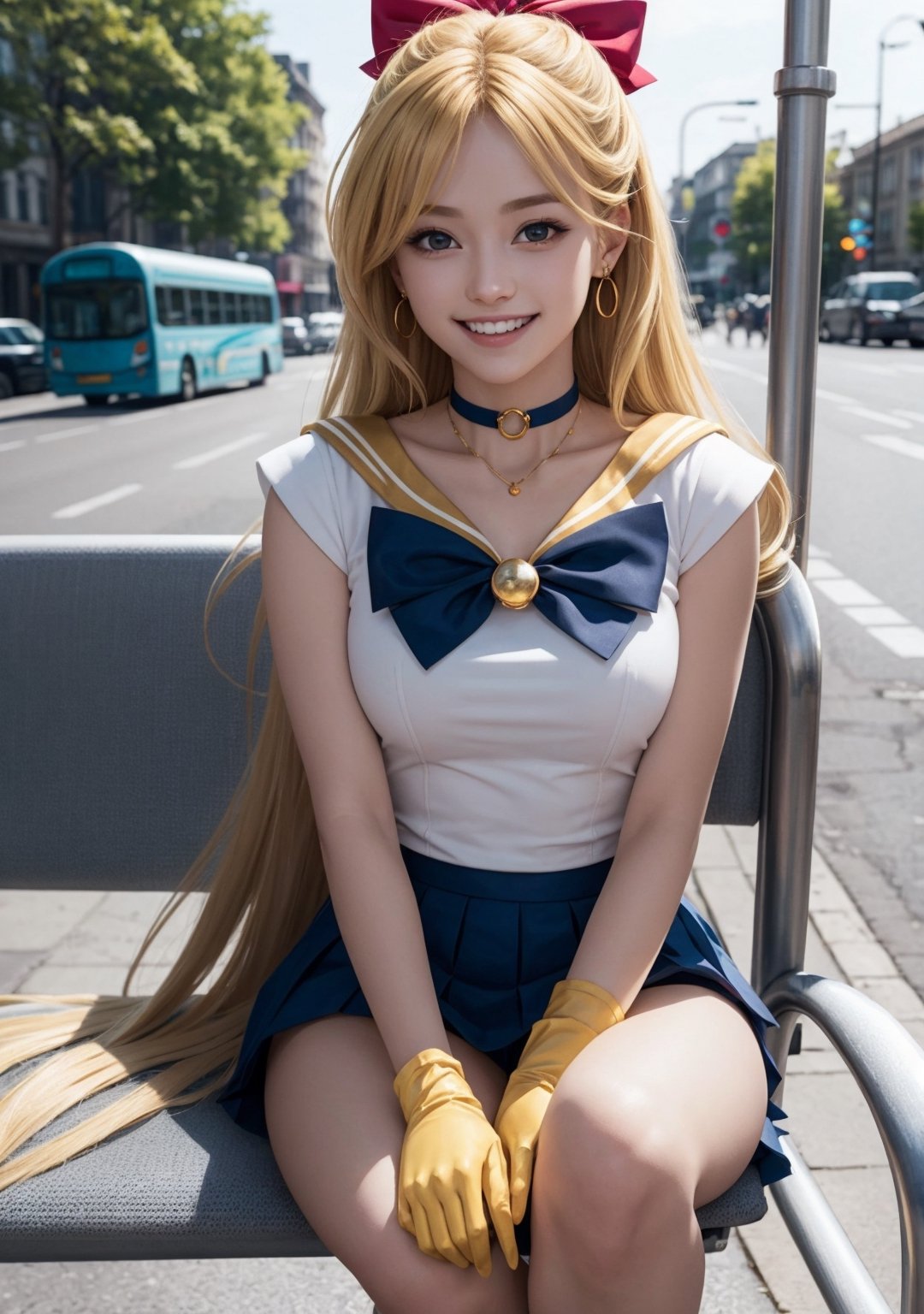 sailor venus, blonde long hair, bue eyes, jewellery, circlet, choker, red bow, yellow mini skirt, white gloves, looking at viewer, smiling, happy, teeth
sitting, at a bus stop, outside, city, street, blue sky, extreme detail, hdr, beautiful quality, ,sailor venus