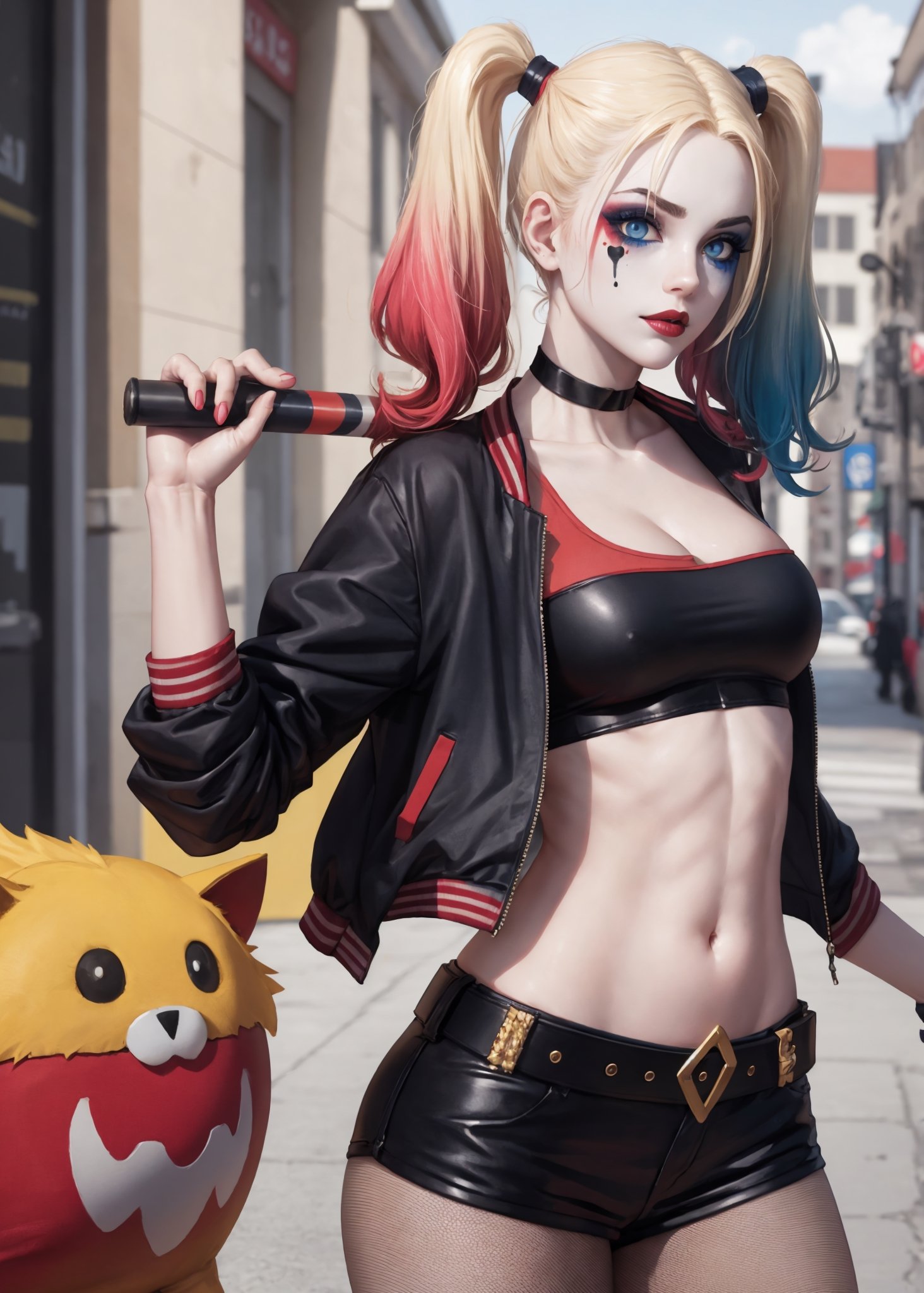 masterpiece, best quality, 1girl, solo, highres,   lora:pikkyharleyquinn-10:0.8,  scenery,
pikkyharleyquinn, two-tone hair,multicolored hair,blonde hair,breasts,makeup,twintails,blue eyes,lipstick,gloves,shorts,cleavage,navel,midriff,gradient hair,short shorts, pantyhose, choker,hair,eyeshadow,colored skin,pale skin,multicolored clothes,jacket,belt, crop top,open jacket,star (symbol),open clothes,lips,
,pikkyharleyquinn