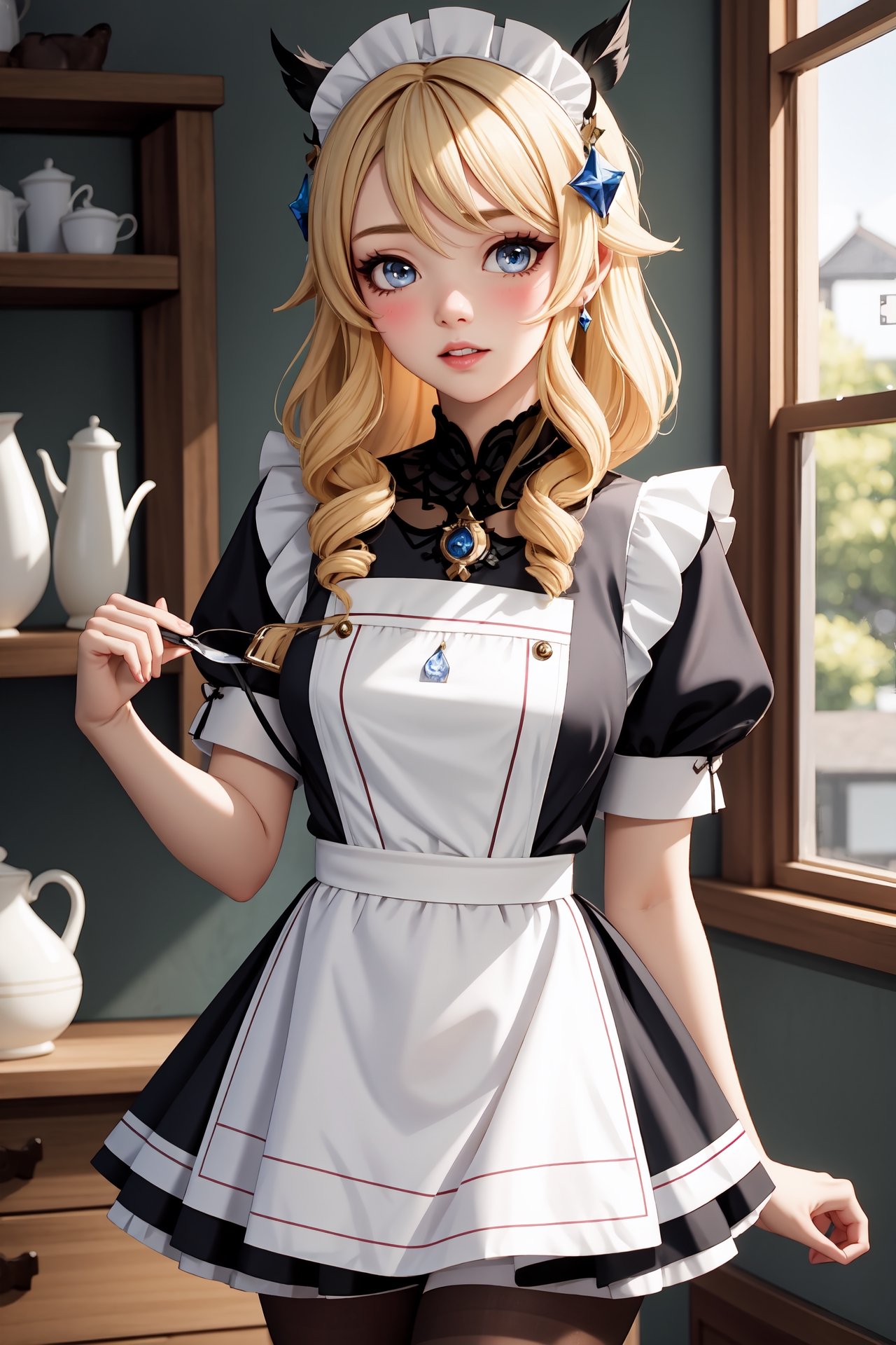 1girl, navia \(genshin impact\), solo, blonde hair, maid, maid headdress, maid apron, embarrassed, pantyhose, blush, parted lips, looking at viewer, cowboy shot, room, indoors, depth of field, masterpiece
,navia