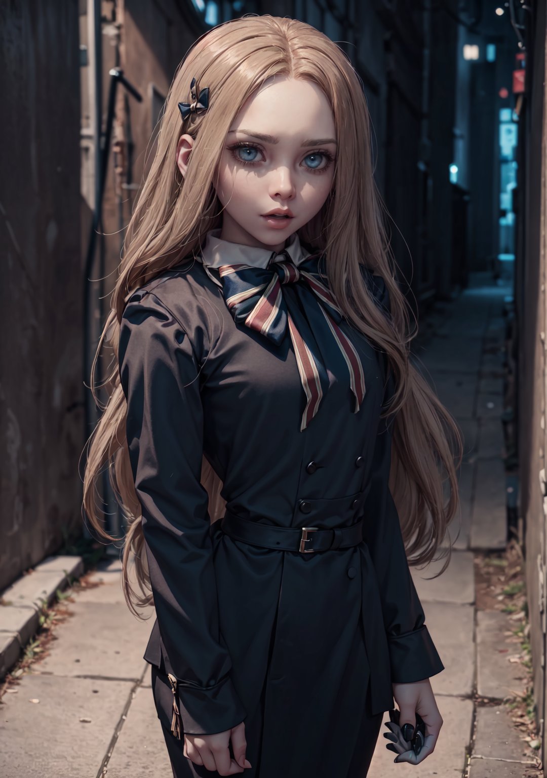 ,(looking at viewer),(cowboy shot dynamic pose:1.22),M3GEN/(Robot Girl/), 1girl, solo, long hair, blonde hair, realistic, blurry, blue eyes, bow, photo inset, full body, bowtie, parted lips, ribbon, lips,detailed shiny skin,perfect and very white teeth,finely detailed beautiful eyes,Ultra-fine facial detail,eyelashes,Glossy pink lips,(detailed The dark and terrifying alleys background:1.4),in the room, (day:1.33),depth of field,intricate,elegant,highly detailed,digital photography,masterpiece, black clothes