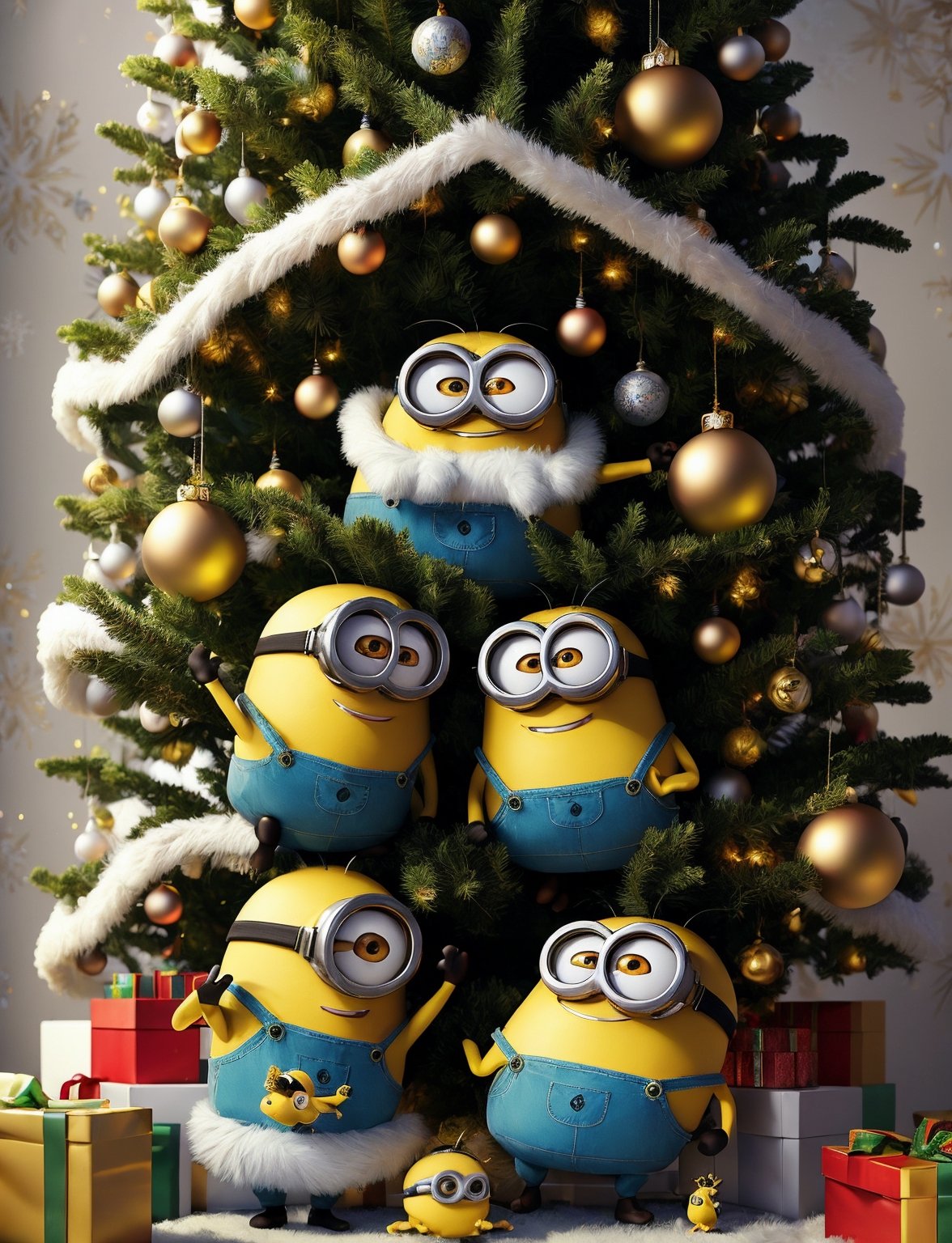 ((((masterpiece)), photographic)), professional detailed, ultra high detail, sharp, fracolor, insanely detailed,
3 minions laughing and dancing under the Christmas tree of decorations
, professional, highly detailed, ,MinionStyle