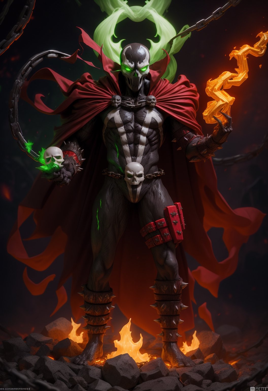 spawn, solo, skull, male focus, red cape, glowing eyes, embers, green fire, glowing, chain, looking at viewer, standing, upper body, intricate details, masterpiece, absurdres, best quality 
