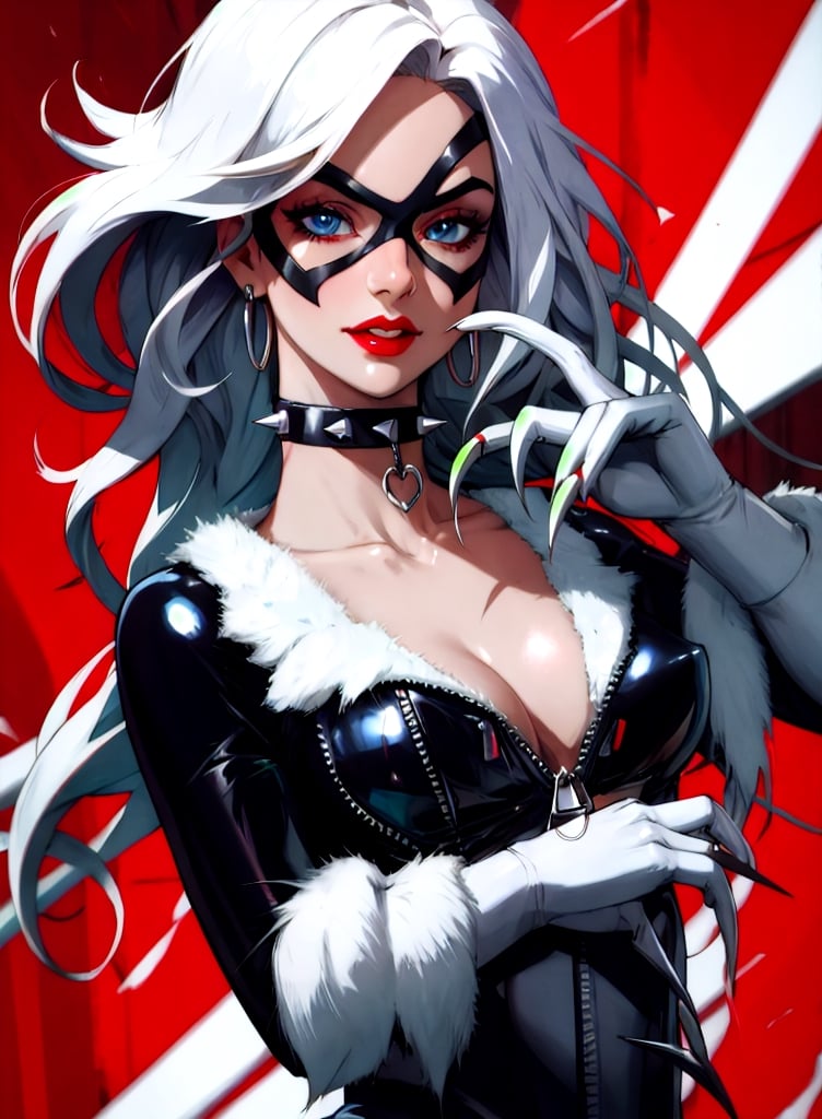 masterpiece, best quality,upper body, solo, absurdres,scenery,  , felicia_blackcat_aiwaifu,long hair,mask,white hair,bodysuit,domino mask,gloves,choker,lipstick,blue eyes,makeup,white gloves,collar,lips,superhero,black bodysuit,fur trim,cleavage,large breasts,collarbone,skin tight,zipper,spiked collar,unzipped,red lips,jewelry,black choker,claws,latex,shiny,center opening,very long hair,            ultra specular detailed, amazing artwork,intricate details,light,attractive, intricate detailed blurry_background,(well defined perfect hands, high detailed skin,detailed face:0.3), (scenery, golden_ratio,highres, incredibly_absurdres:0.2),(scenery,sidelighting,masterpiece:0.5),