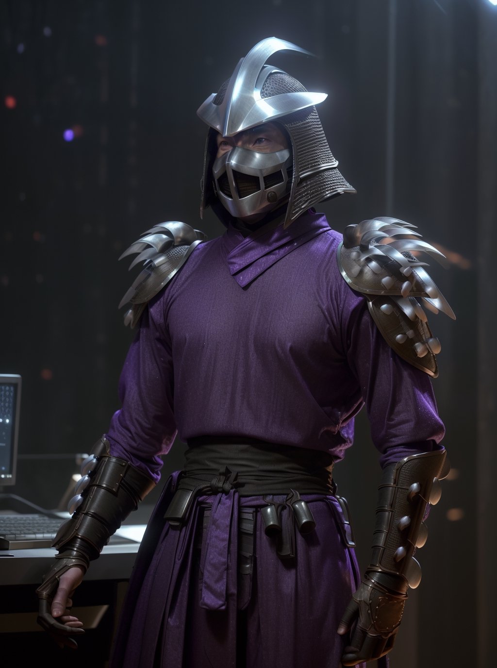 (cinematic:1.3), ((in a futuristic research facility, computers, futuristic machines, futuristic lights, bokeh, realistic lighting, ray tracing, bloom:1.4)), ((masterpiece, best quality, highres, absurdres)), a high resolution RAW photo of ((a TMNTShredder 1man armored samurai knight)), lora:90sTMNT_Shredder:0.6, ((wearing purple futuristic samurai armor with pauldrons and metal samurai helmet with mask)), ((muscular, fitness physique)), atmospheric, ((photorealism, photorealistic:1.4)), 8k, highly detailed, intricate detail
