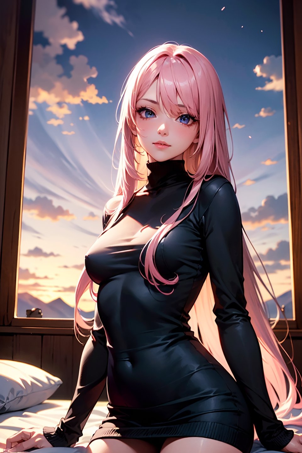 (masterpiece, best quality, unity 8k wallpaper, highres), ambient light, (super_beautiful_detailed hair face eyes mouth skin, slender:1.4), (perfect hands, perfect anatomy), BREAK
 1girl, solo, (pink long hair:1.3), vely-long-sagging small-breasts, horizon, sweater, cloud, cloudy sky, evening, mountain, mountainous horizon, sky, sunset, window, in bedroom, on bed, (cowboy shot:1.3), light smile, looking at viewer, blink, sitting