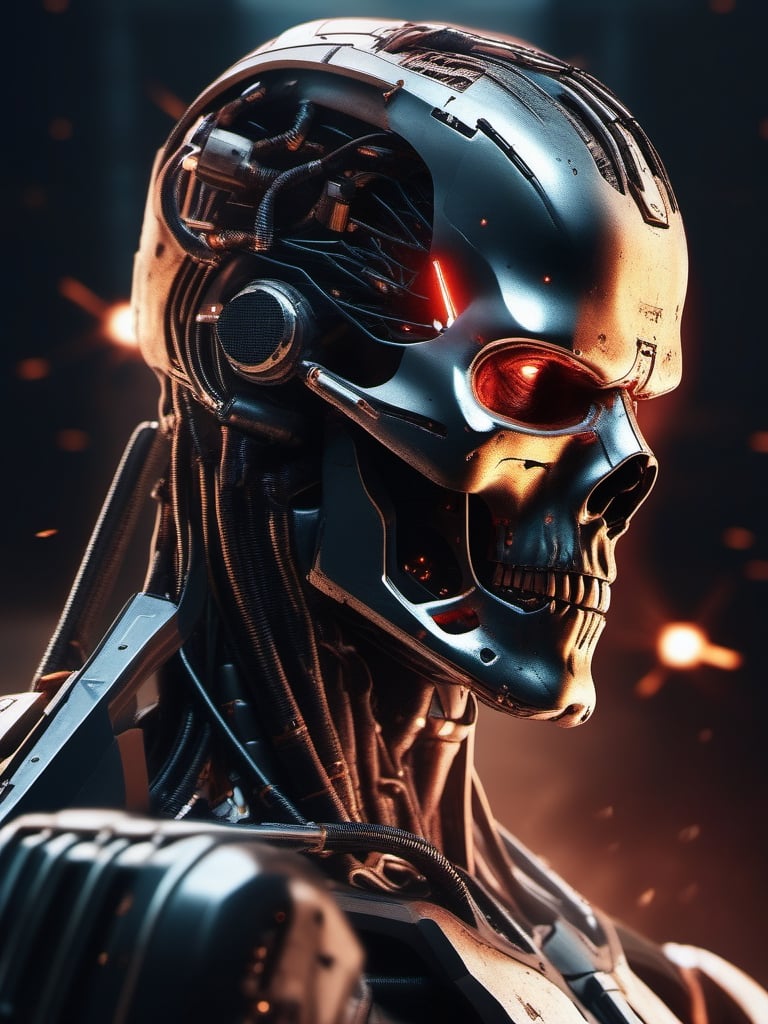 evil terminator man,  with damaged skin and head, using a futuristic weapon, in future war, hyper realistic, highly defined, highly detailed
