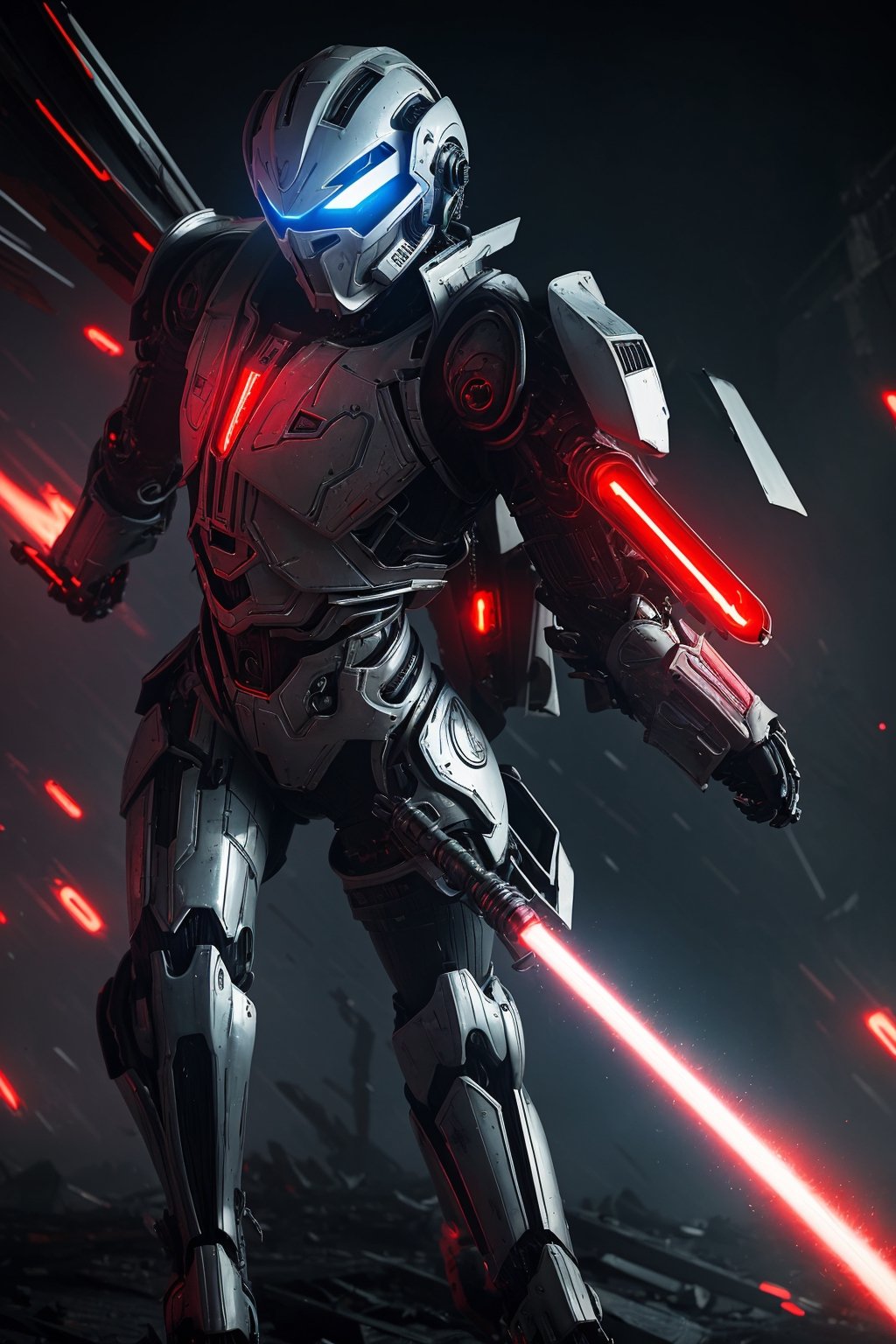 A mech, silver-white long ponytail and waist, V-shaped mechanical helmet, helmet eyes with red light, wearing a black sexy mech suit, red torn cloak swaying in the wind, white glowing six-winged mechanical wings, a broad sword glowing yellow with red light effect, Night, Rain, A destroyed cyberspace in the book of Apocalypse, lifelike, best image quality, highest definition and clarity, original, surrealism, high detail, futurism, action painting, chiaroscuro, ray tracing, motion blur, Cowboy shot, close-up, combat action drawing, layering, holographic display, cyberpunk style
