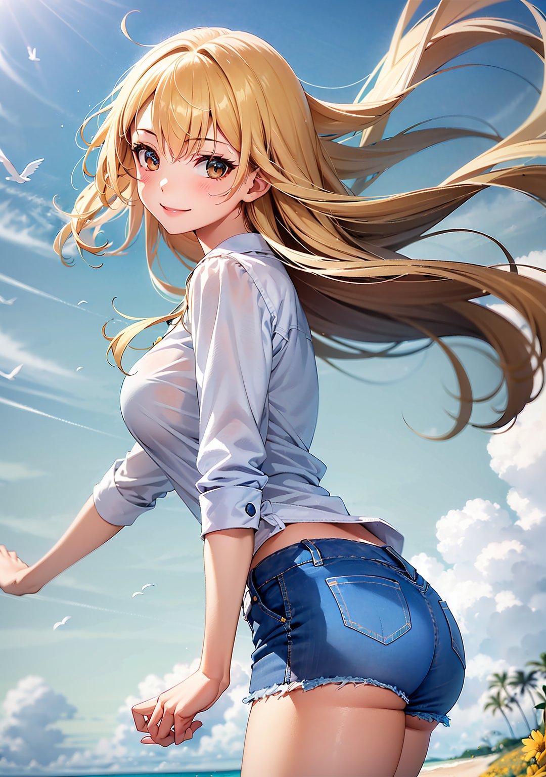 flower garden, 1girl, short jeans and white blouse, from side, smile, white long hair, expressionless, spanking,
 blue sky, wind, floating hair, long blonde hair, in the beach