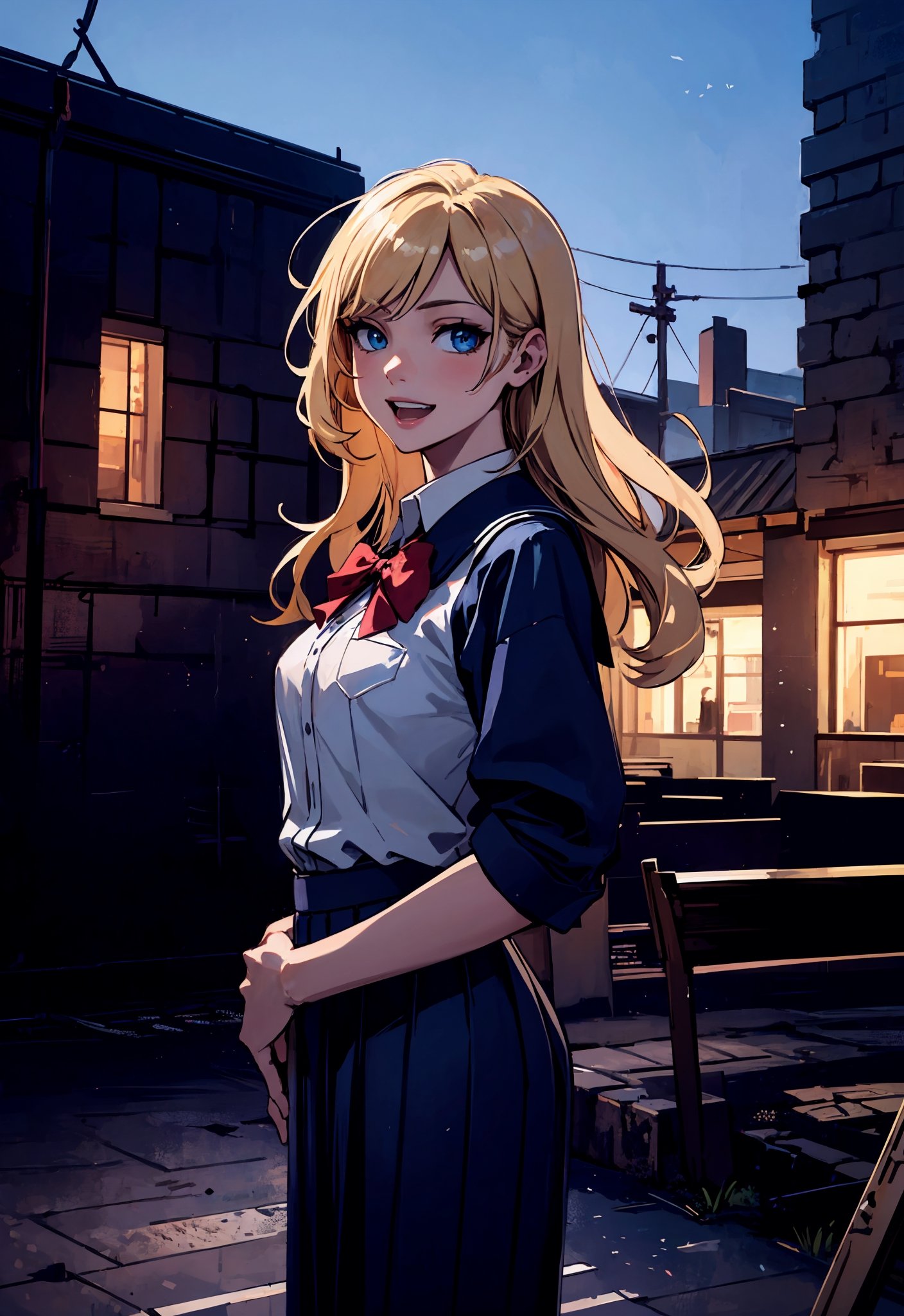 (masterpiece, best quality),  a cute and cheerful woman,l with long, blonde hair and blue eyes, wearing a school uniform, outdoors, scenery, dutch angle, extremely detailed. 