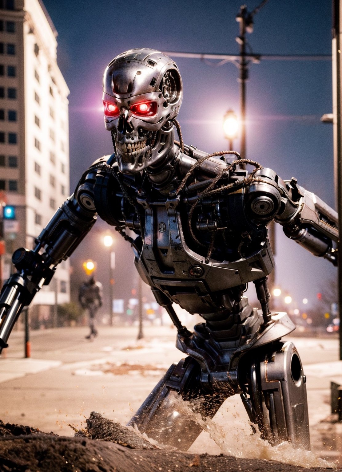 Dark_Fantasy,Cyberpunk,(chain saw,chain saw man,Red:1.1),1man,Mechanical marvel,Robotic presence,Cybernetic guardian, wearing a worn-out mech suit, robot skull head, t800, intricate, (steel metal [rusty]), elegant, clear focus, shot by greg rutkowski, soft lighting, vibrant colors, masterpiece, ((street)), cowboy shot, dynamic pose,T800Endoskeleton