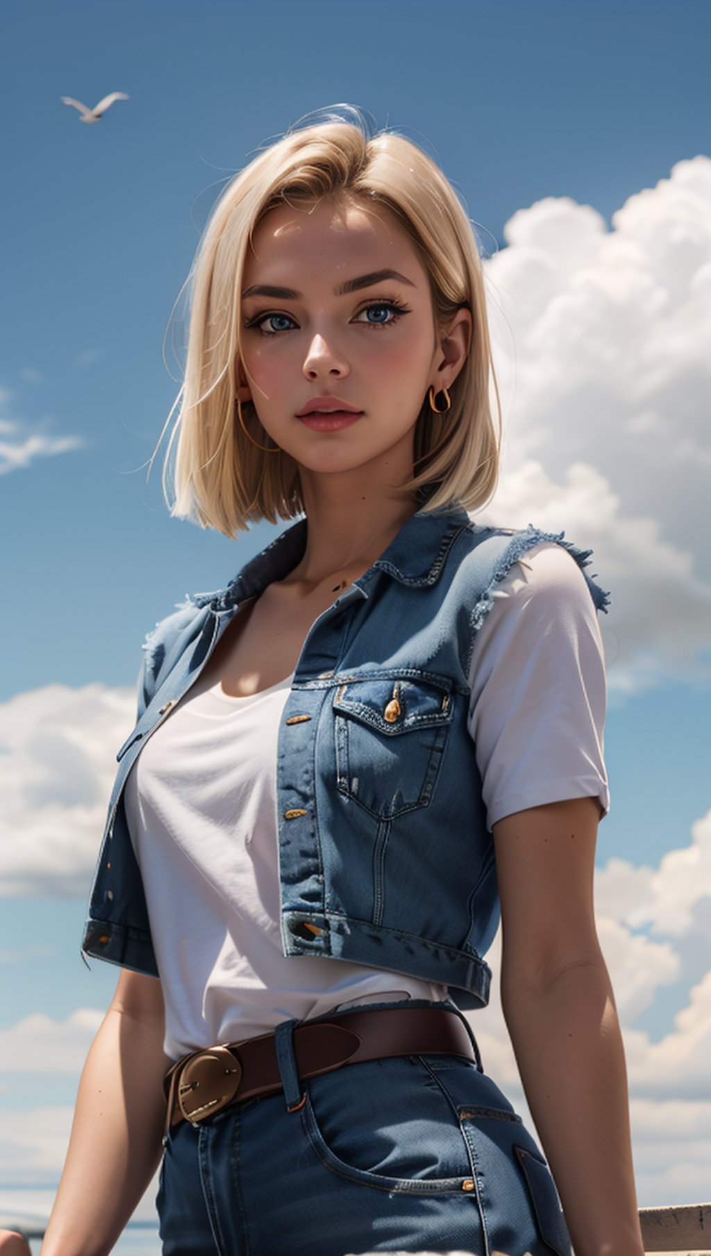 (masterpiece, best quality), android18, earrings, denim, belt, lora:android_18:1, outdoor, day, cloud, cloud day, sky, blue sky,