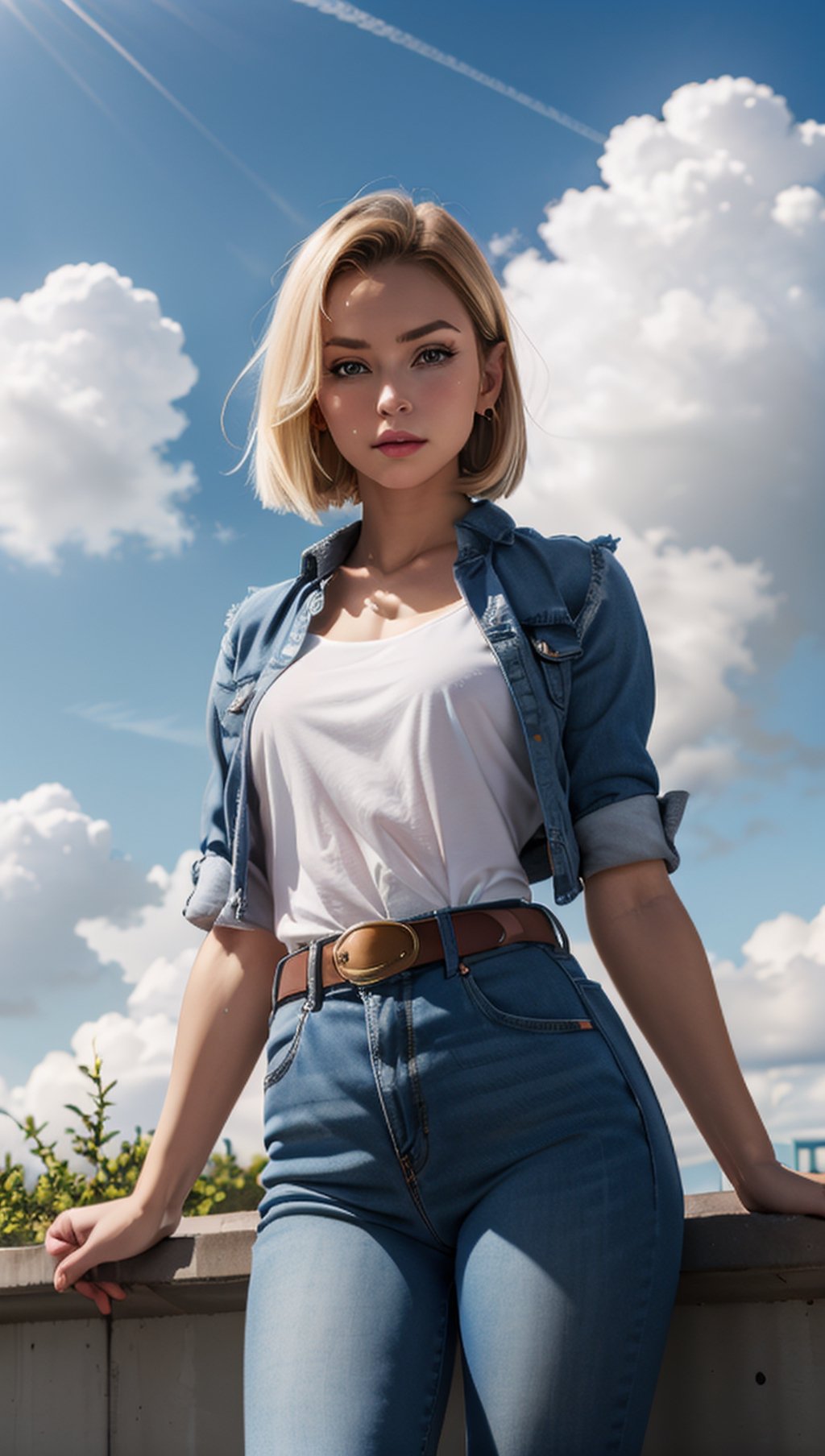 (masterpiece, best quality), android18, earrings, denim, belt, lora:android_18:1, outdoor, day, cloud, cloud day, sky, blue sky,