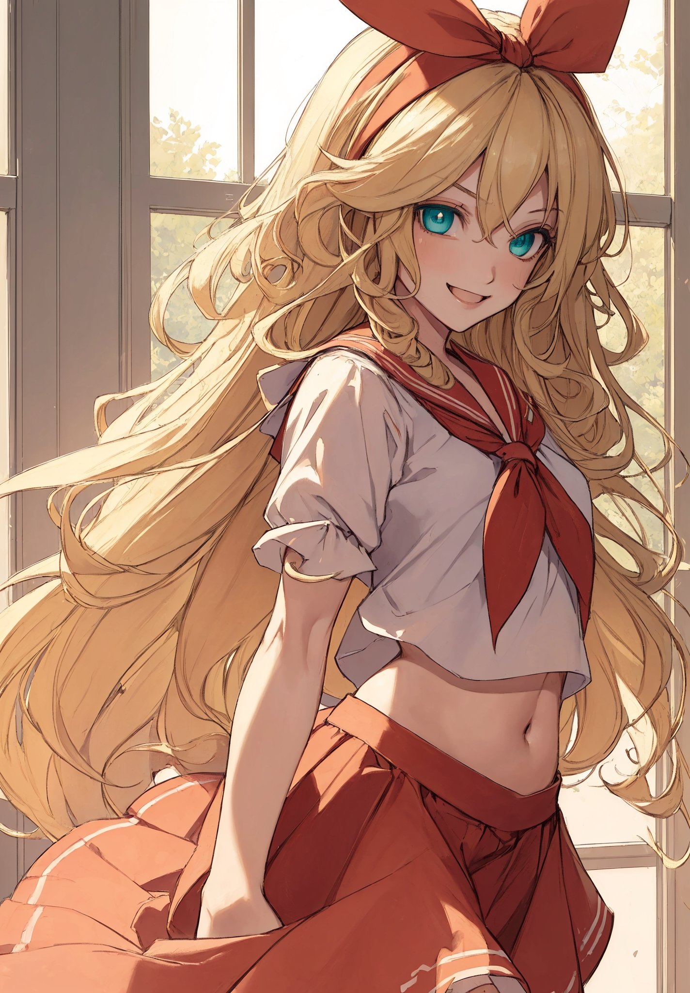 masterpiece, best quality, (masterpiece), (best quality), ((school)), (illustration), hyper extreme detailed, 1girl, beautiful face, (((((gorgeous eyes))))) , (((beautiful detailed hair))), atrium, natural light, soft light, blur, under rim light, cute, school uniform, serafuku, sailor collar, neckerchief, pleated skirt, miniskirt, midriff, navel , (((straight hair))), (((absurdly long hair))), green eyes, (smile), very long hair,blonde_hair, green_eyes, Curly_hair, Hairband_ribbon, ellen_(touhou),  hair_ribbon, wrist cuffs  , bare arms, light blush, smirk, :d , looking at viewer, red skirt, red ribbon
