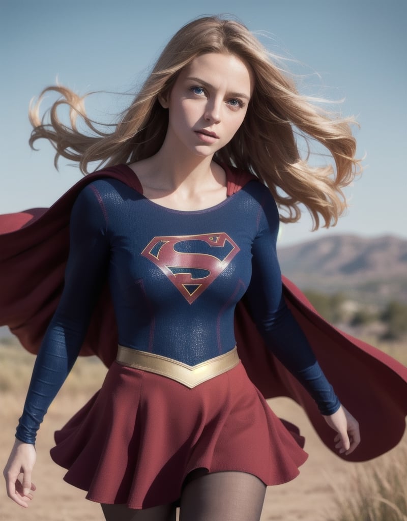 8k, best quality, real picture, intricate details, ultra-detailed, ultra highres, depth field,(photorealistic,realistic:1.2),masterpiece,photo of  european girl, supergirl, blue eyes, blonde hair, long hair, cape, skirt, pantyhose, superhero, solo, sun, blue sky,
best quality, realistic, photorealistic, (intricate details:1.2), (delicate detailed), (cinematic light), clear line, sharp focus, realistic face, detailed face,
unity 8k wallpaper, ultra high res, (photorealistic:1.4), looking at viewer 
