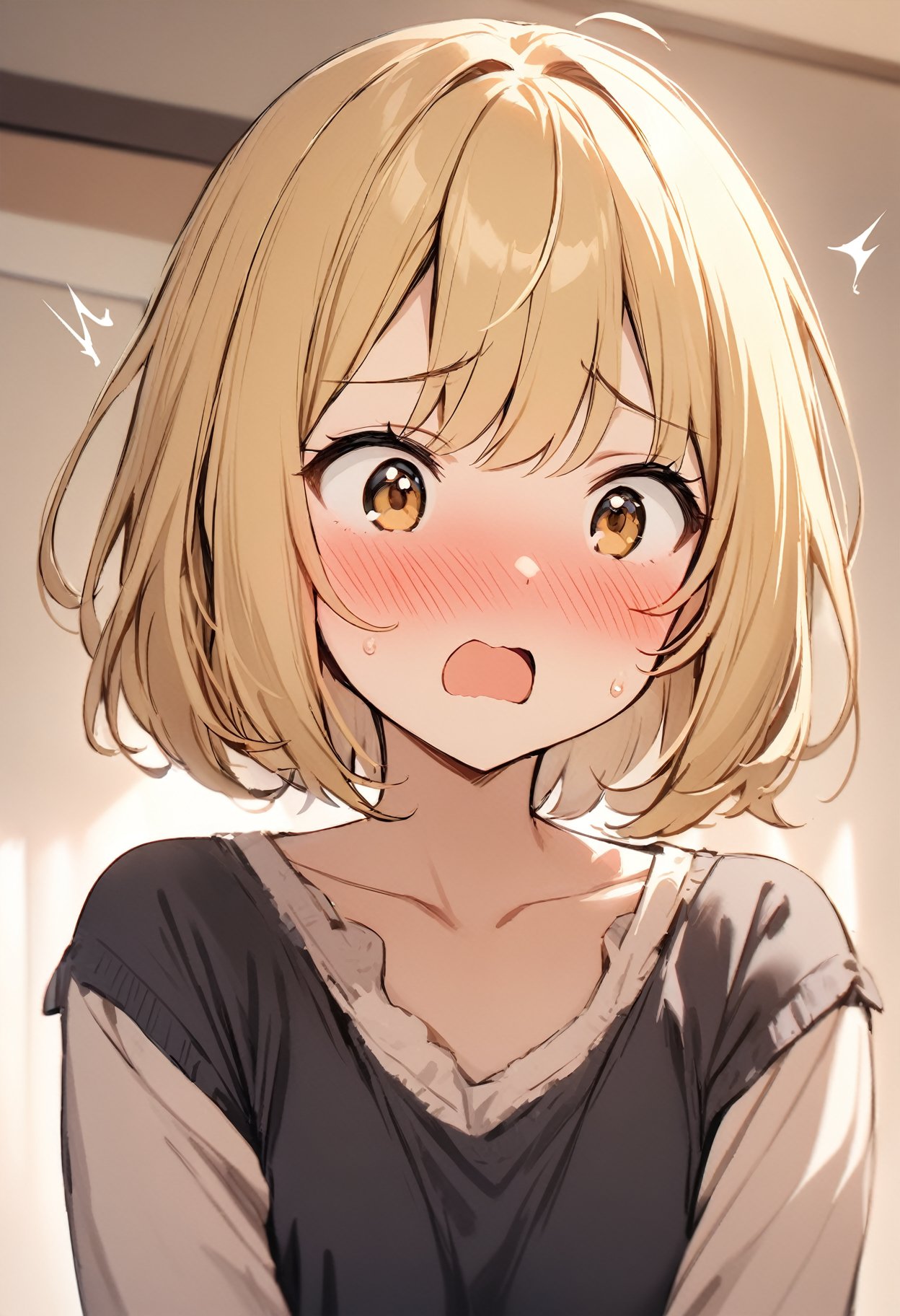 masterpiece, best quality, 1 girl, cute, golden blonde hair, medium length, bob cut, surprised, blush, open mouth, embarrassed,  flustered, cute, tsundere, closeup
