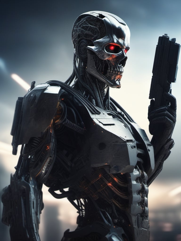 evil terminator man,  with damaged skin and head, using a futuristic weapon, in future war, hyper realistic, highly defined, highly detailed
