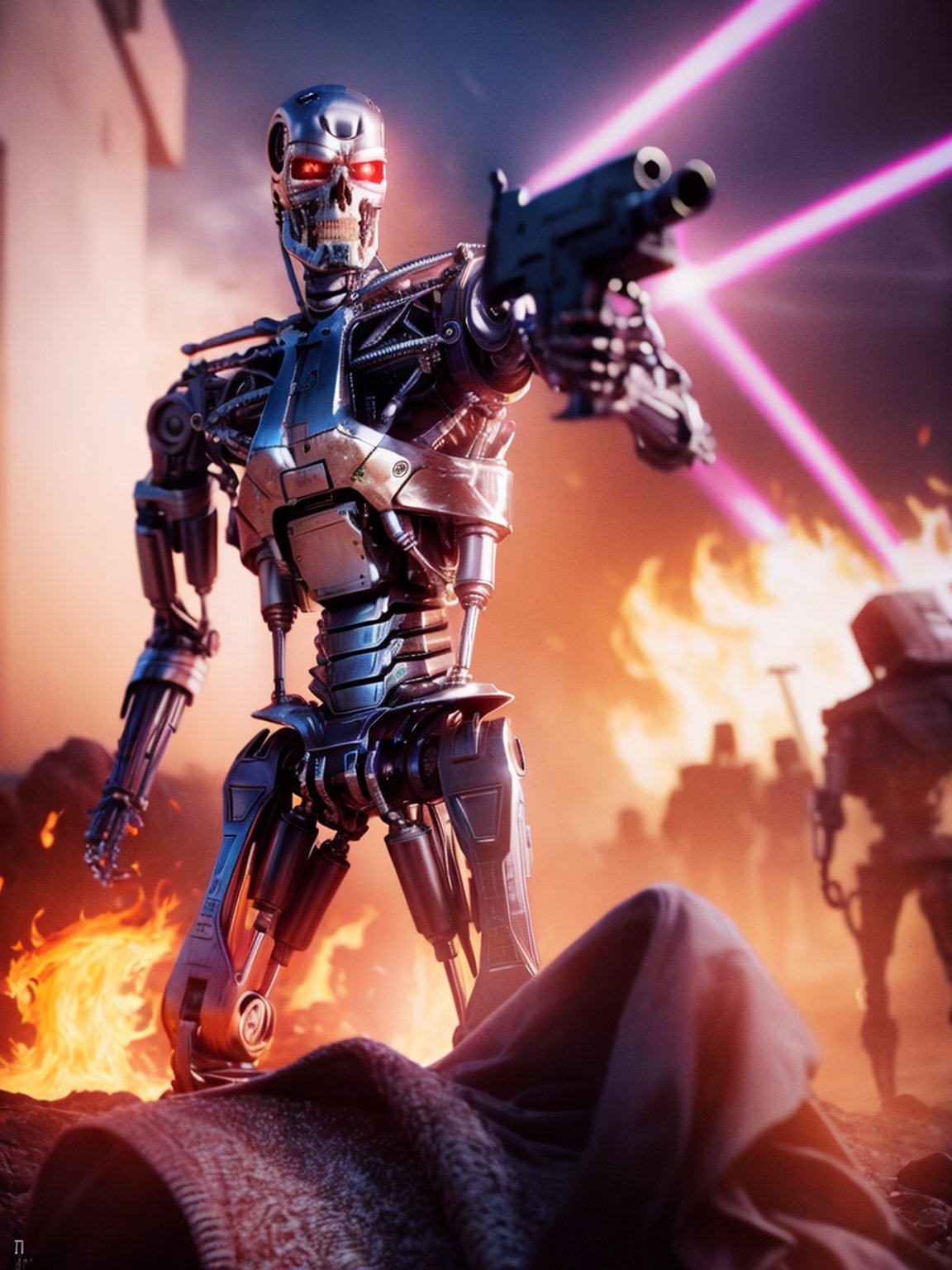 lora:T800Endoskeleton-10:0.8, (RAW photo, real life, absurdres, high quality, photorealistic, detailed, realistic:1.3), (solo:1.3), ((dynamic pose)), a high resolution comic book art photo of a T800Endoskeleton robot with red eyes and metal skull face and chrome metal body and holding a futuristic gun shooting lasers, standing on a hill of skulls, dark sky and fire and flames and smoke and explosions and robots and post apocalypse war in the background, cinematic, atmospheric, 8k, realistic lighting, shot by Hassleblad H6D, Zeiss, Kodachrome, nikon, 50mm 1.2 lens, Octane Render, ultra realistic, realistic lighting, photorealistic, photorealism, photoreal, unreal engine 5, Adobe After FX, highly detailed, intricate detail
,T800Endoskeleton