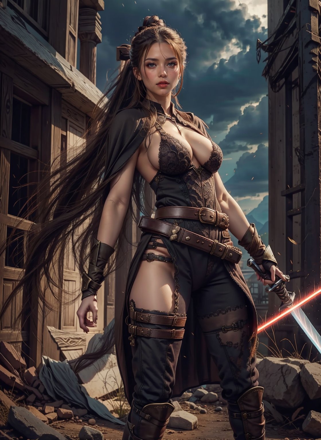 1girl, solo, long hair, breasts, brown hair, gloves, holding, cleavage, large breasts, standing, weapon, boots, belt, sword, cape, holding weapon, armor, holding sword, gauntlets, animification, energy sword, lightsaber,