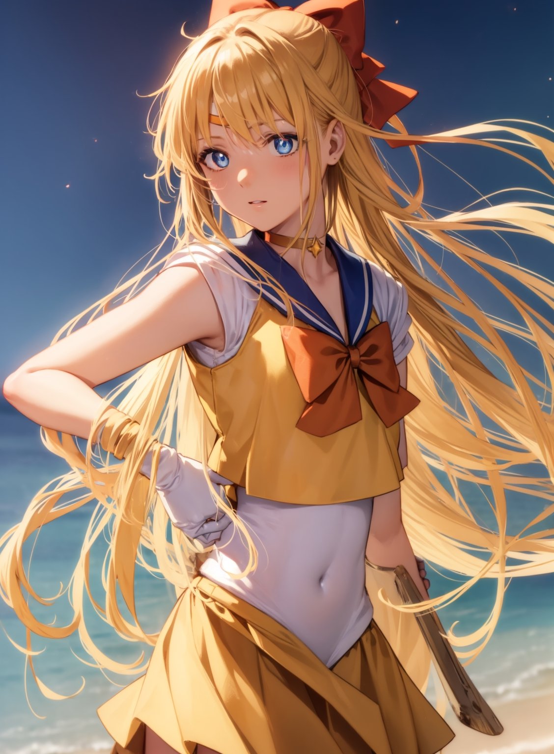 sailorvenus, ,sailor venus, blonde hair, blue eyes, bow, hair bow, half updo, long hair, red bow, tiara,
BREAK back bow, choker, elbow gloves, gloves, jewelry, magical girl, orange choker, orange sailor collar, orange skirt, sailor collar, sailor senshi uniform, school uniform, serafuku, skirt, white gloves,
BREAK outdoors, night, sky, star \(sky\), moon,
BREAK looking at viewer, (cowboy shot:1.5),
BREAK, (masterpiece:1.2), best quality, high resolution, unity 8k wallpaper, (illustration:0.8), (beautiful detailed eyes:1.6), extremely detailed face, perfect lighting, extremely detailed CG, (perfect hands, perfect anatomy),
